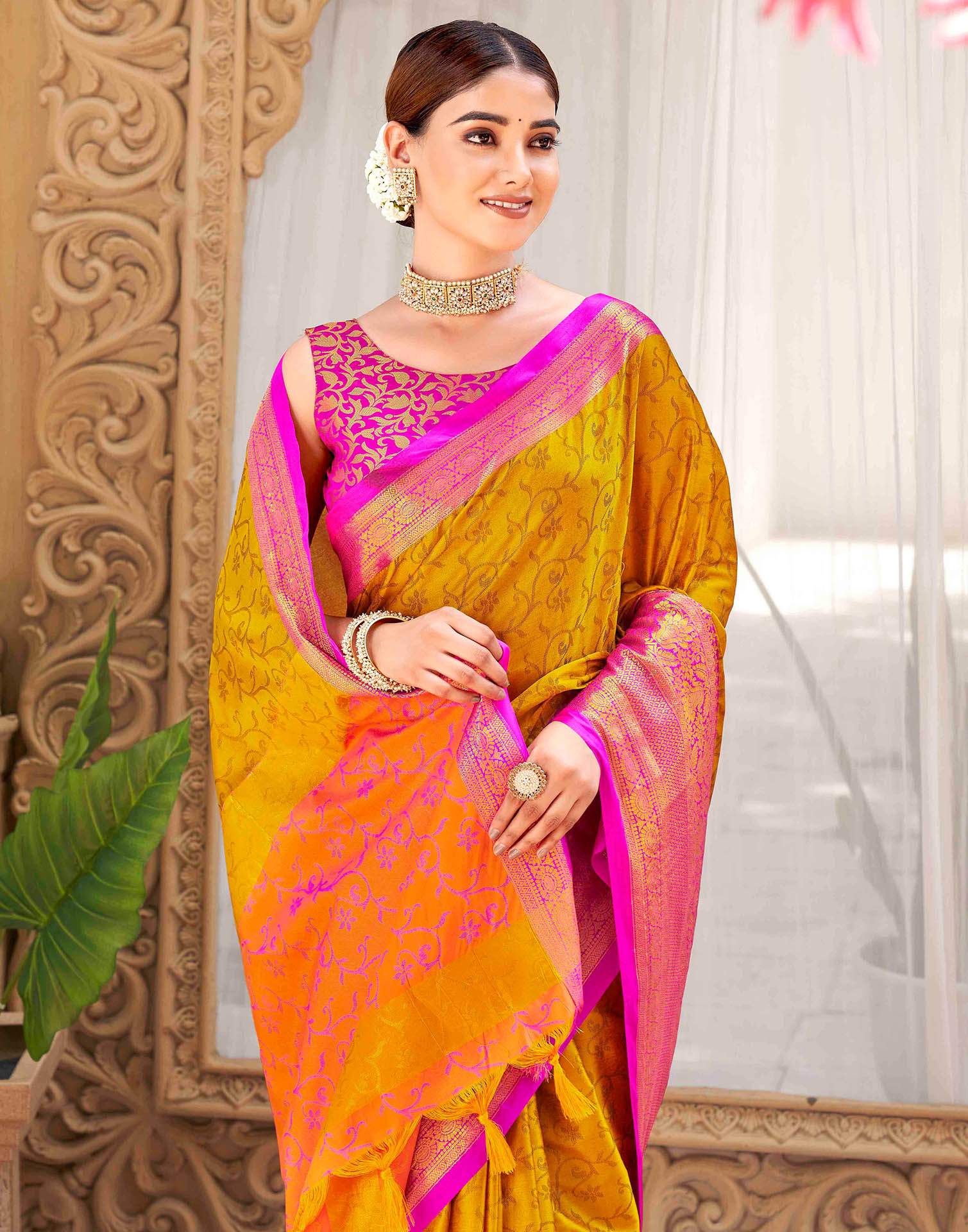 Mustard Yellow Silk Woven Kanjivaram Saree - Image 2