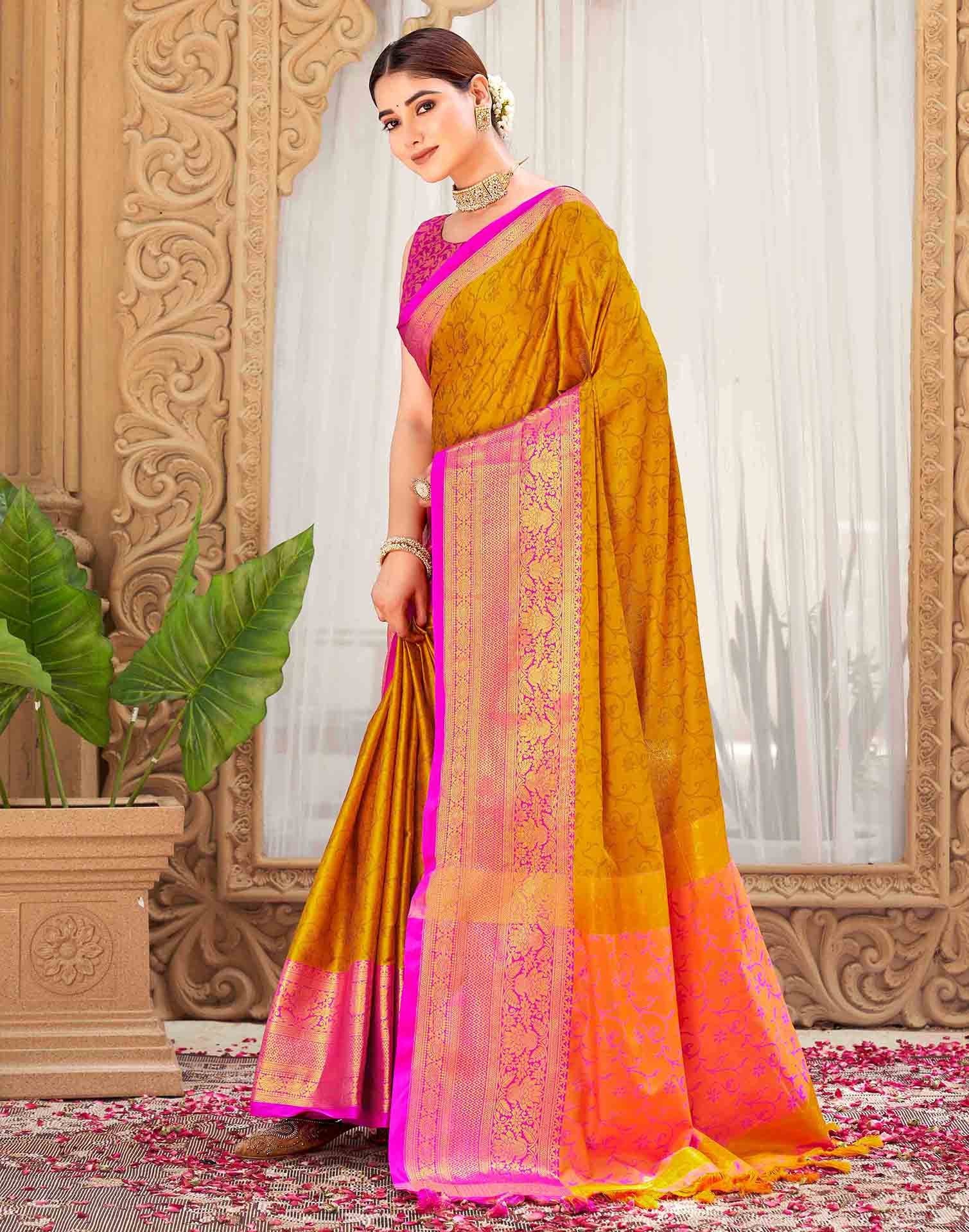 Mustard Yellow Silk Woven Kanjivaram Saree - Image 4