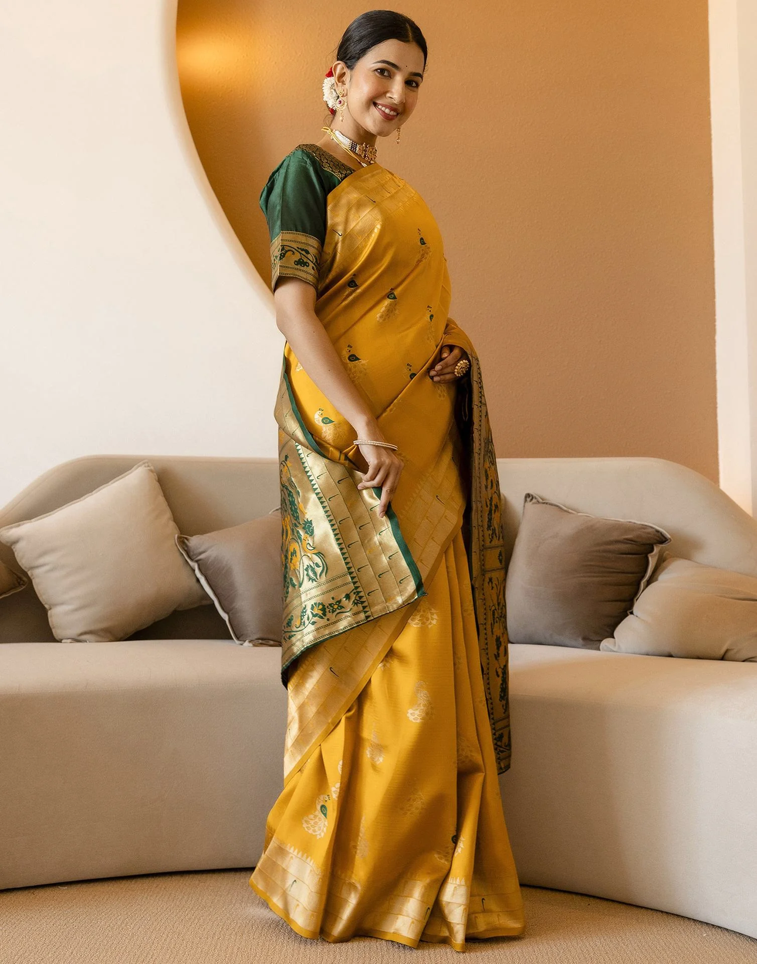 Mustard Yellow Silk Woven Paithani Saree - Image 10