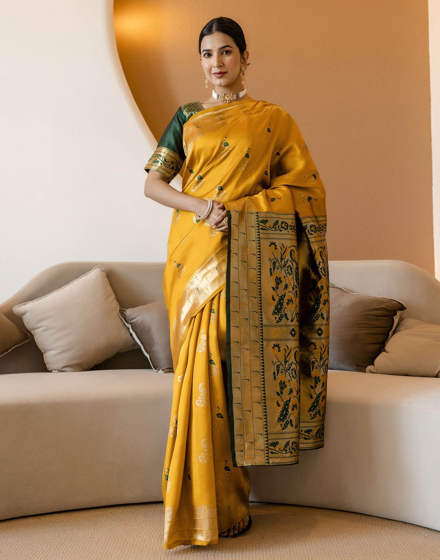 Mustard Yellow Silk Woven Paithani Saree - Image 11