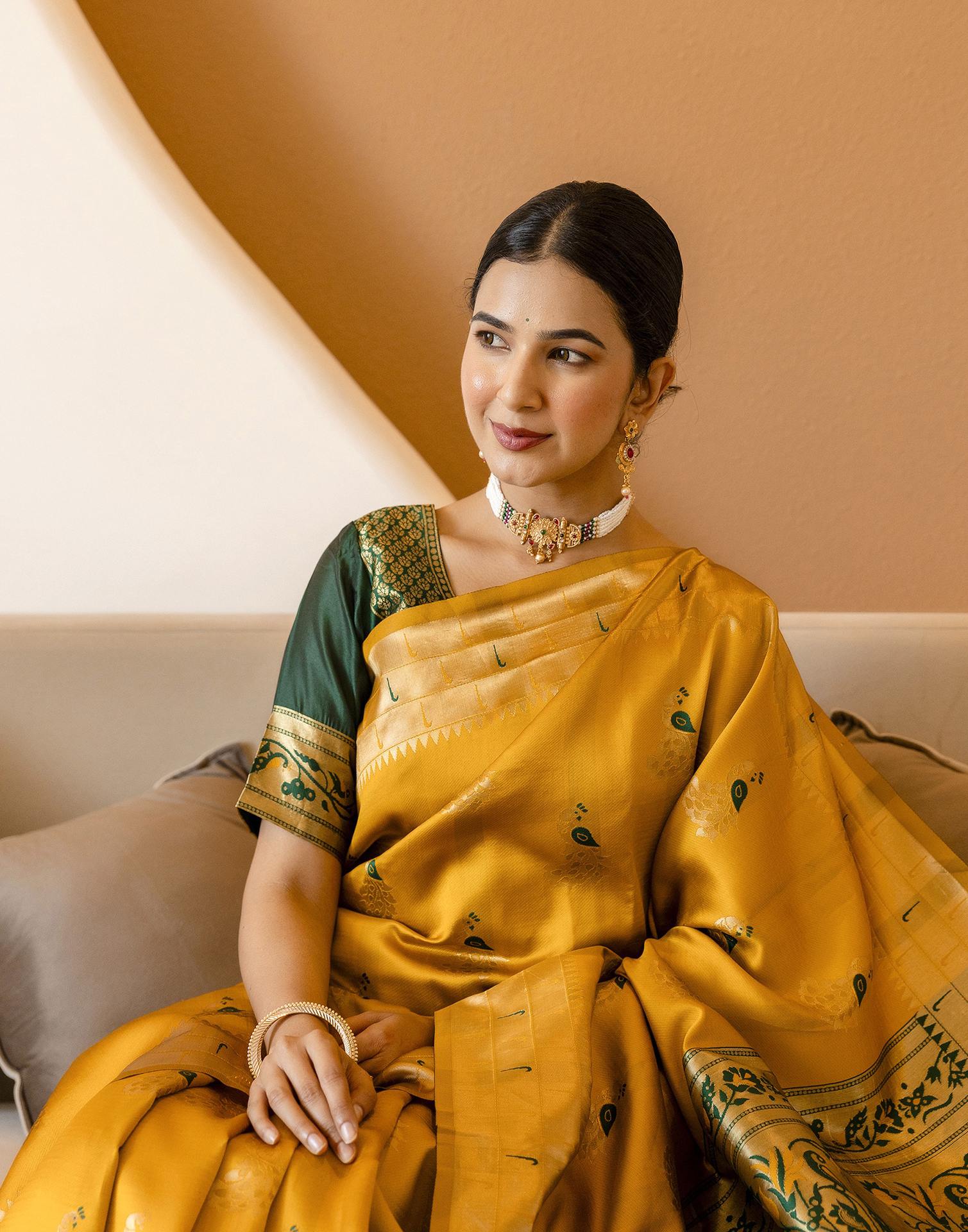 Mustard Yellow Silk Woven Paithani Saree - Image 2