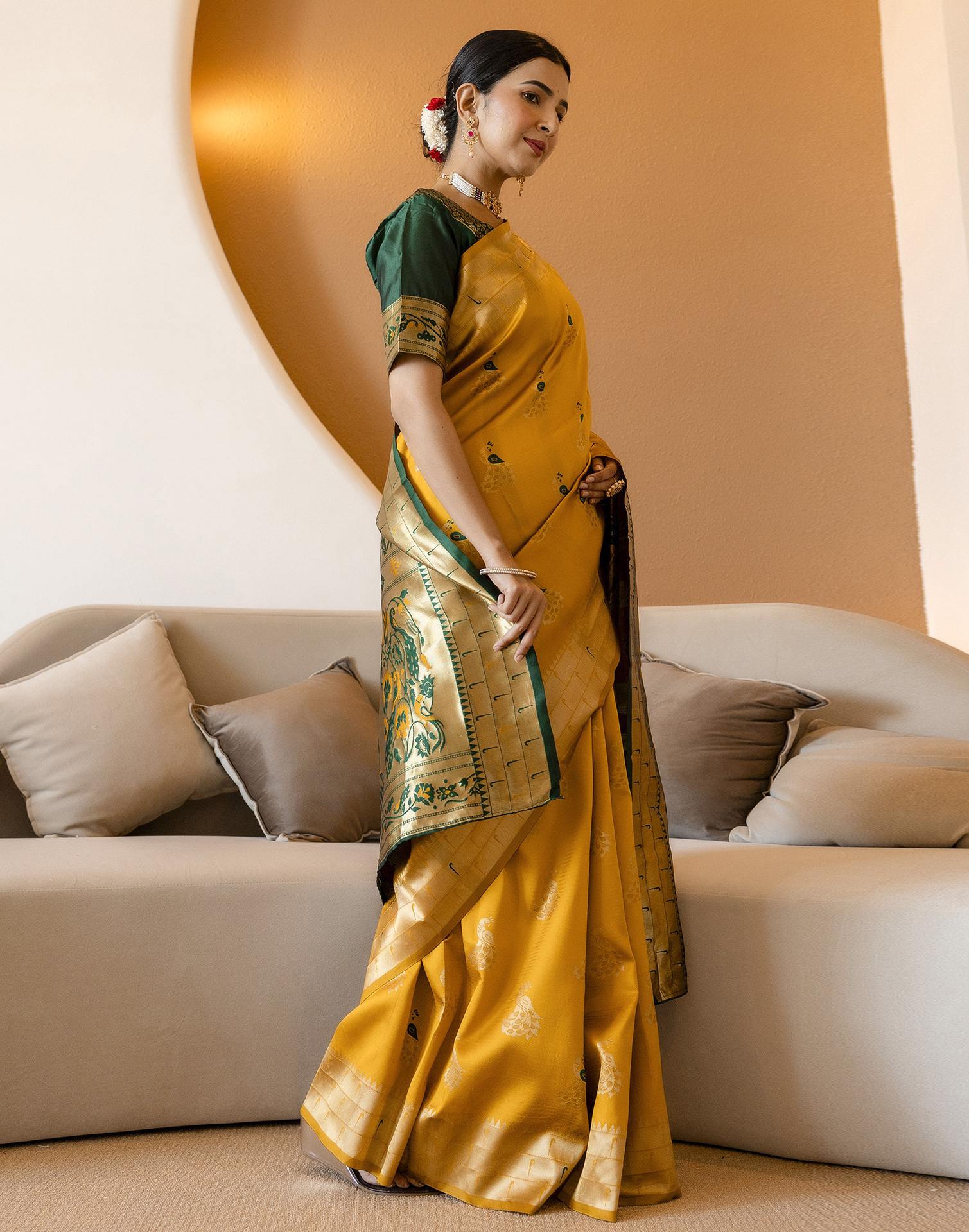 Mustard Yellow Silk Woven Paithani Saree - Image 6