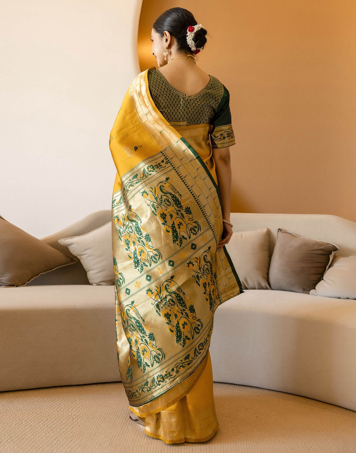Mustard Yellow Silk Woven Paithani Saree - Image 8