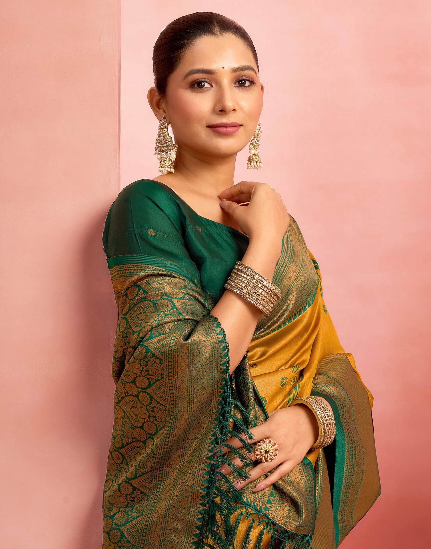 Mustard Yellow Silk Woven Kanjivaram Saree - Image 2