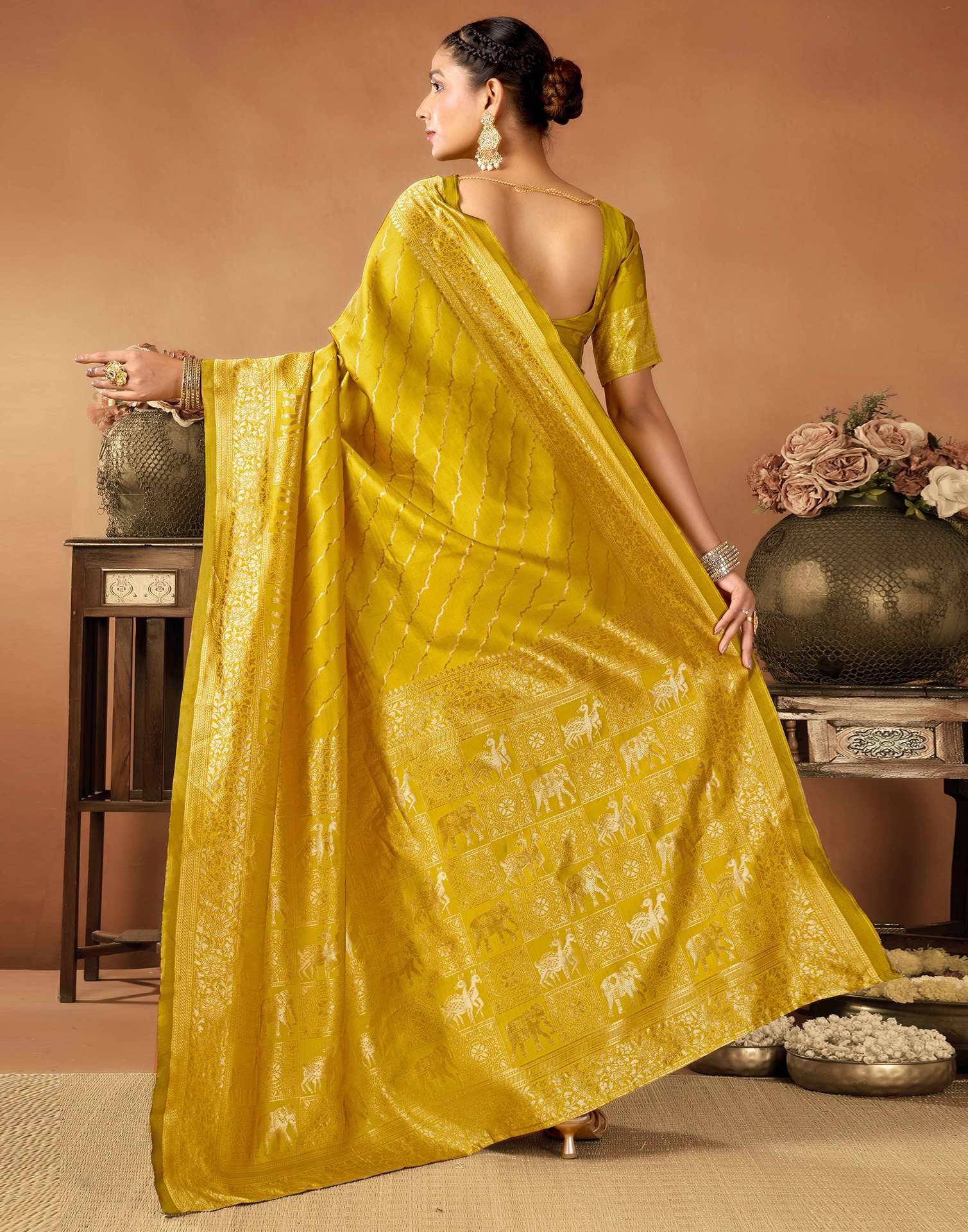 Mustard Yellow Silk Woven Saree - Image 6