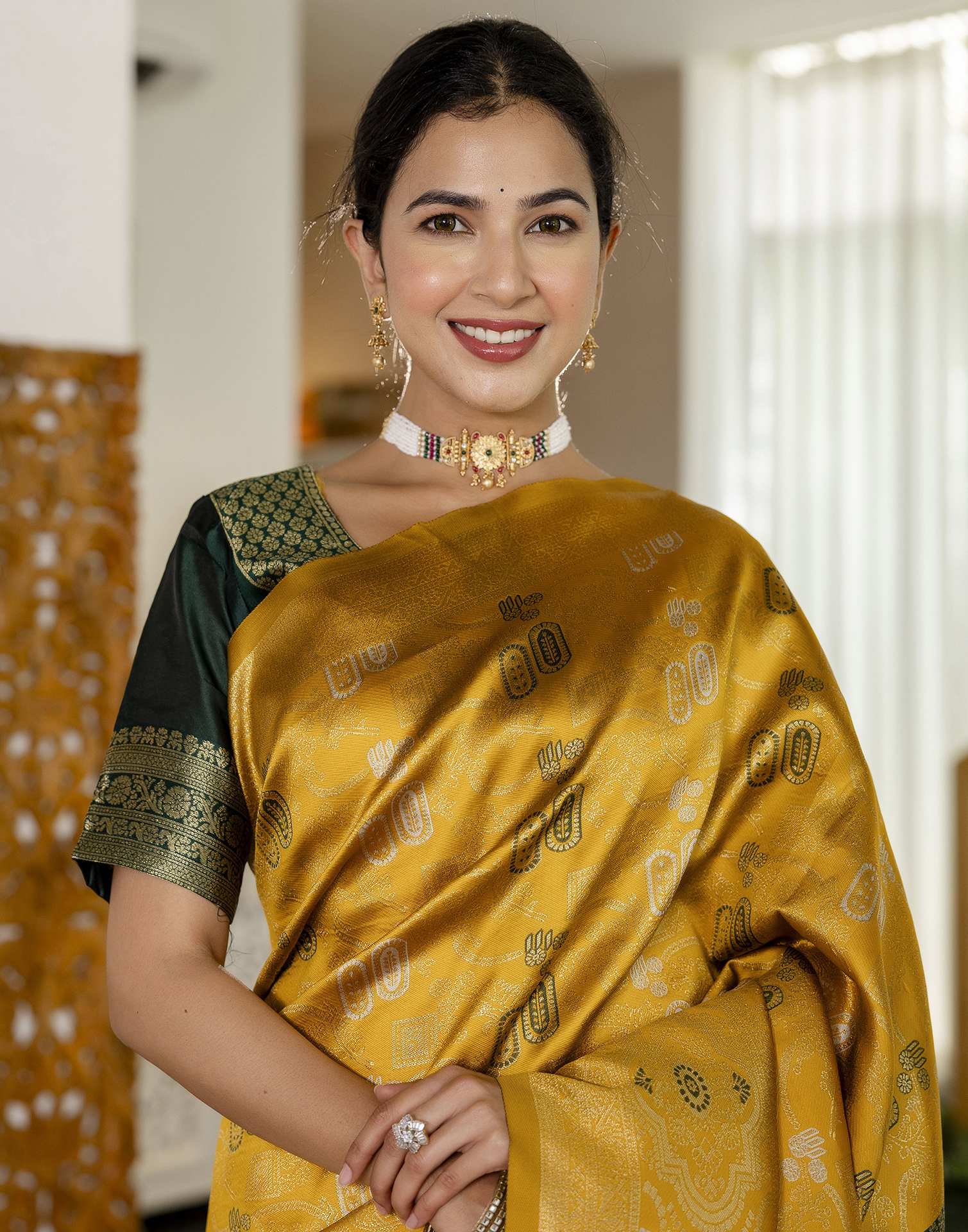 Mustard Yellow Silk Woven Saree - Image 4