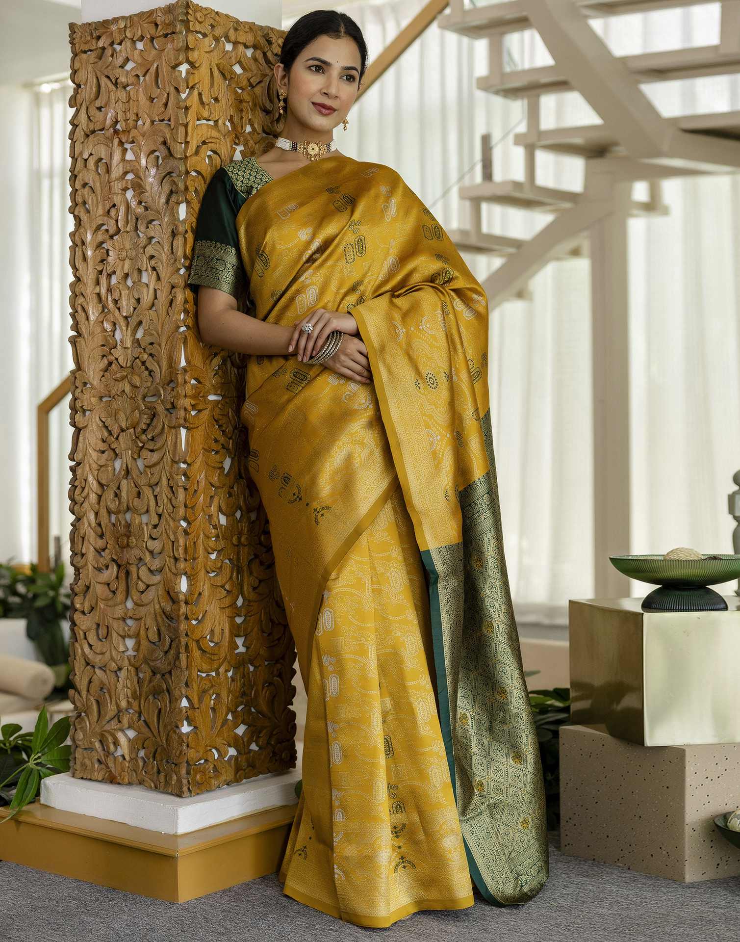 Mustard Yellow Silk Woven Saree - Image 6