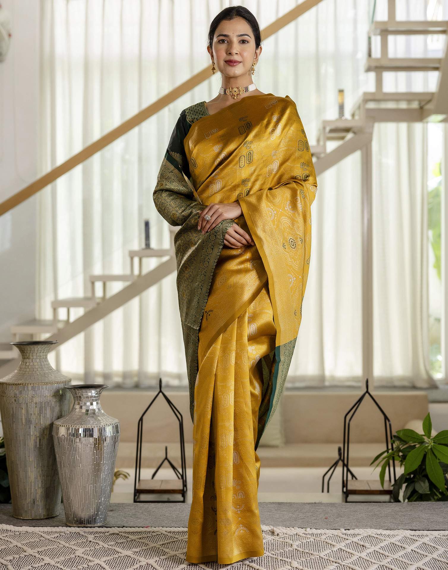 Mustard Yellow Silk Woven Saree - Image 9