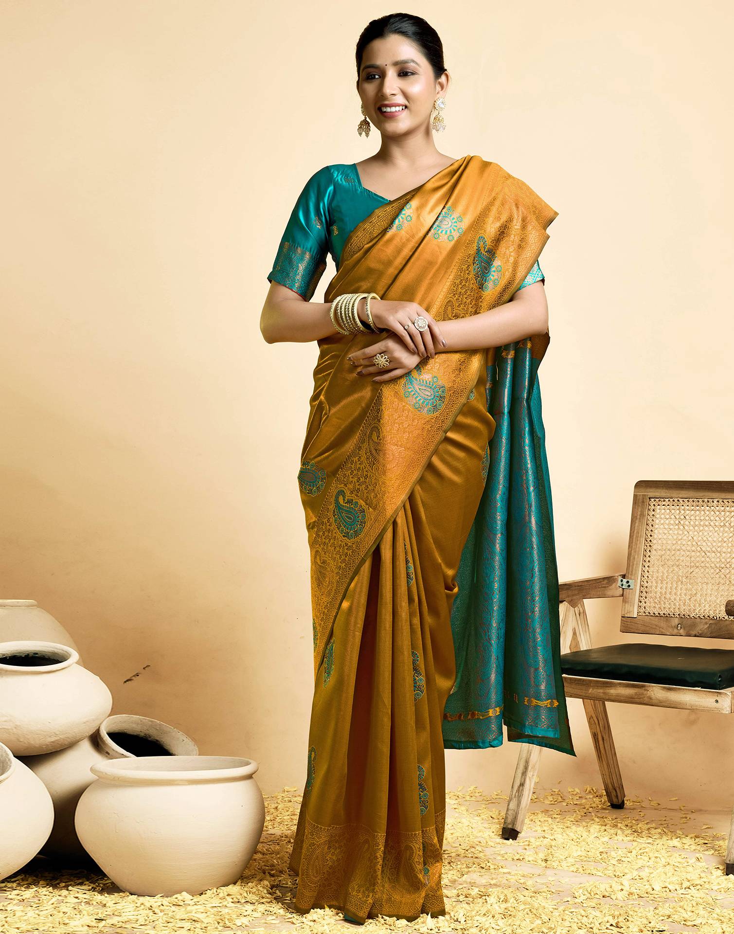 Mustard Yellow Silk Woven Banarasi Saree - Image 5