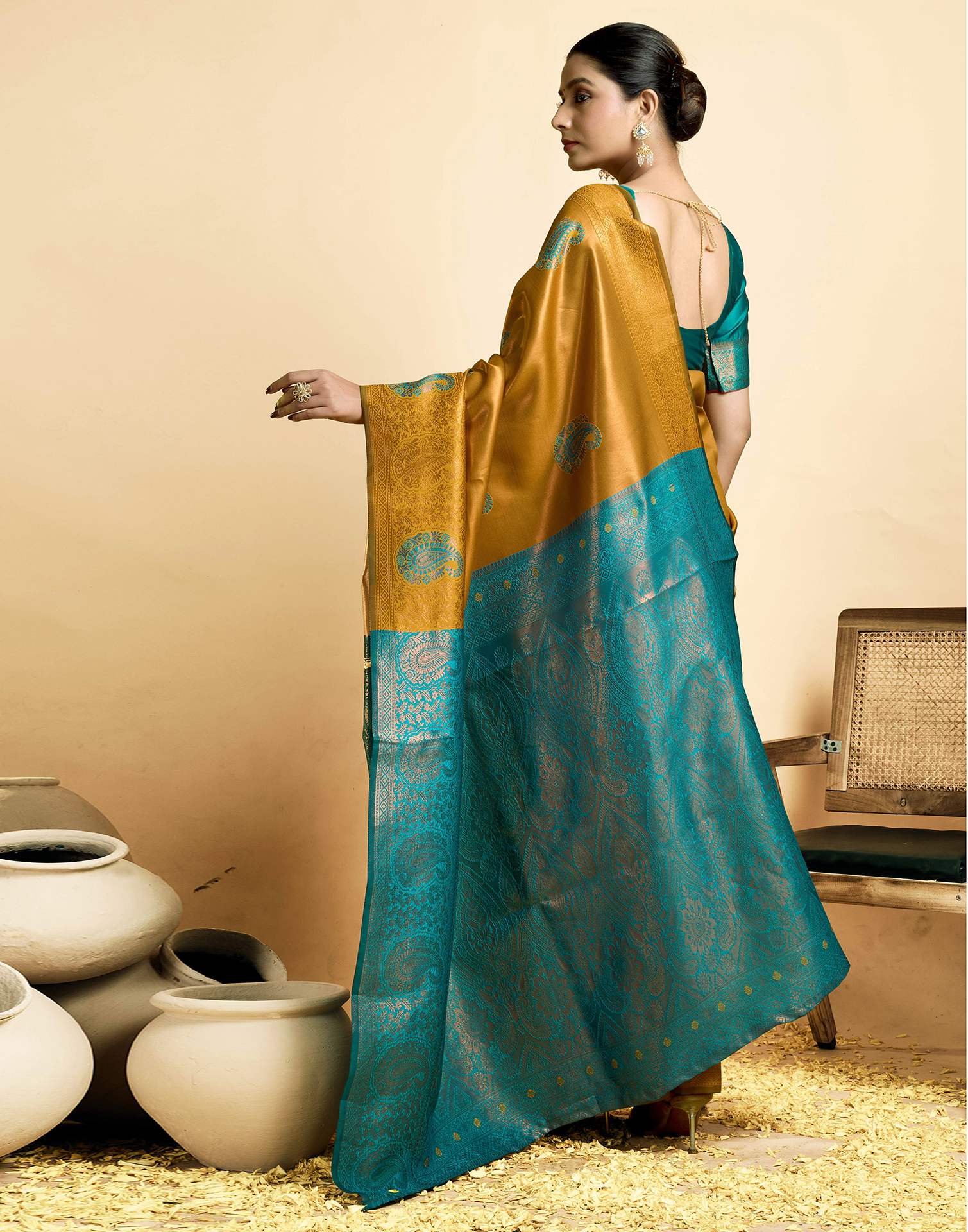 Mustard Yellow Silk Woven Banarasi Saree - Image 6