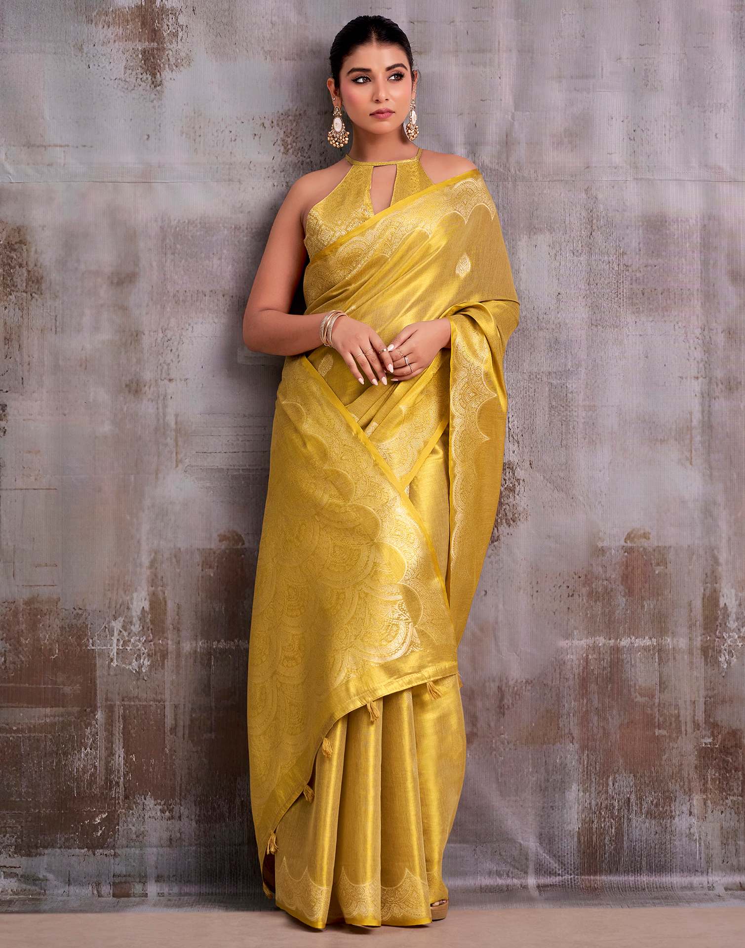 Mustard Yellow Tissue Silk Woven Banarasi Saree - Image 2