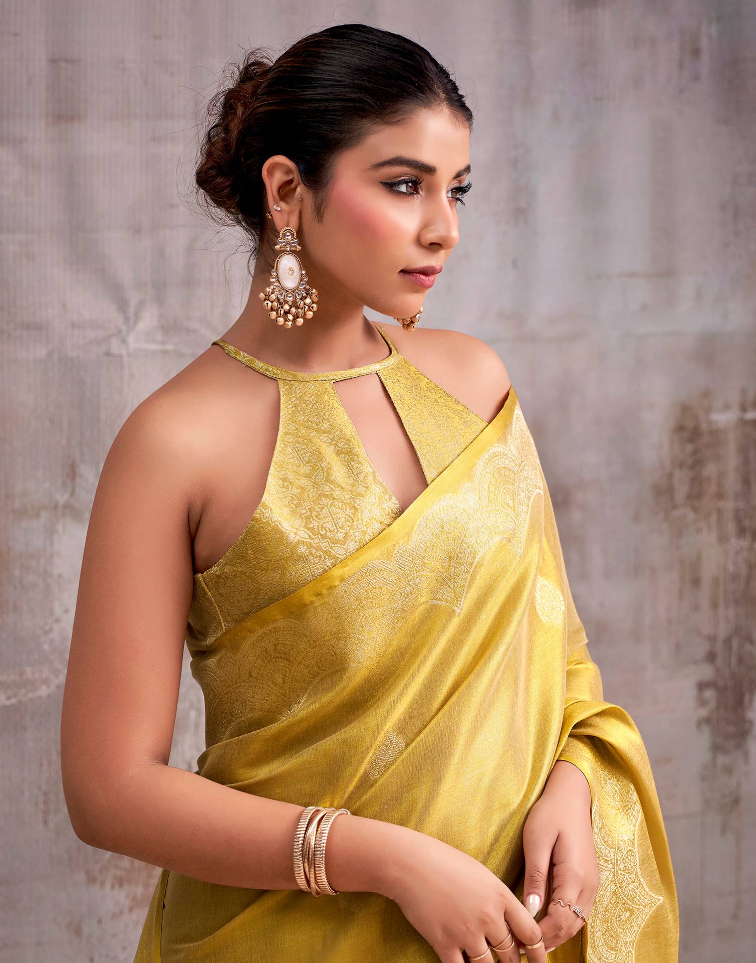 Mustard Yellow Tissue Silk Woven Banarasi Saree - Image 4
