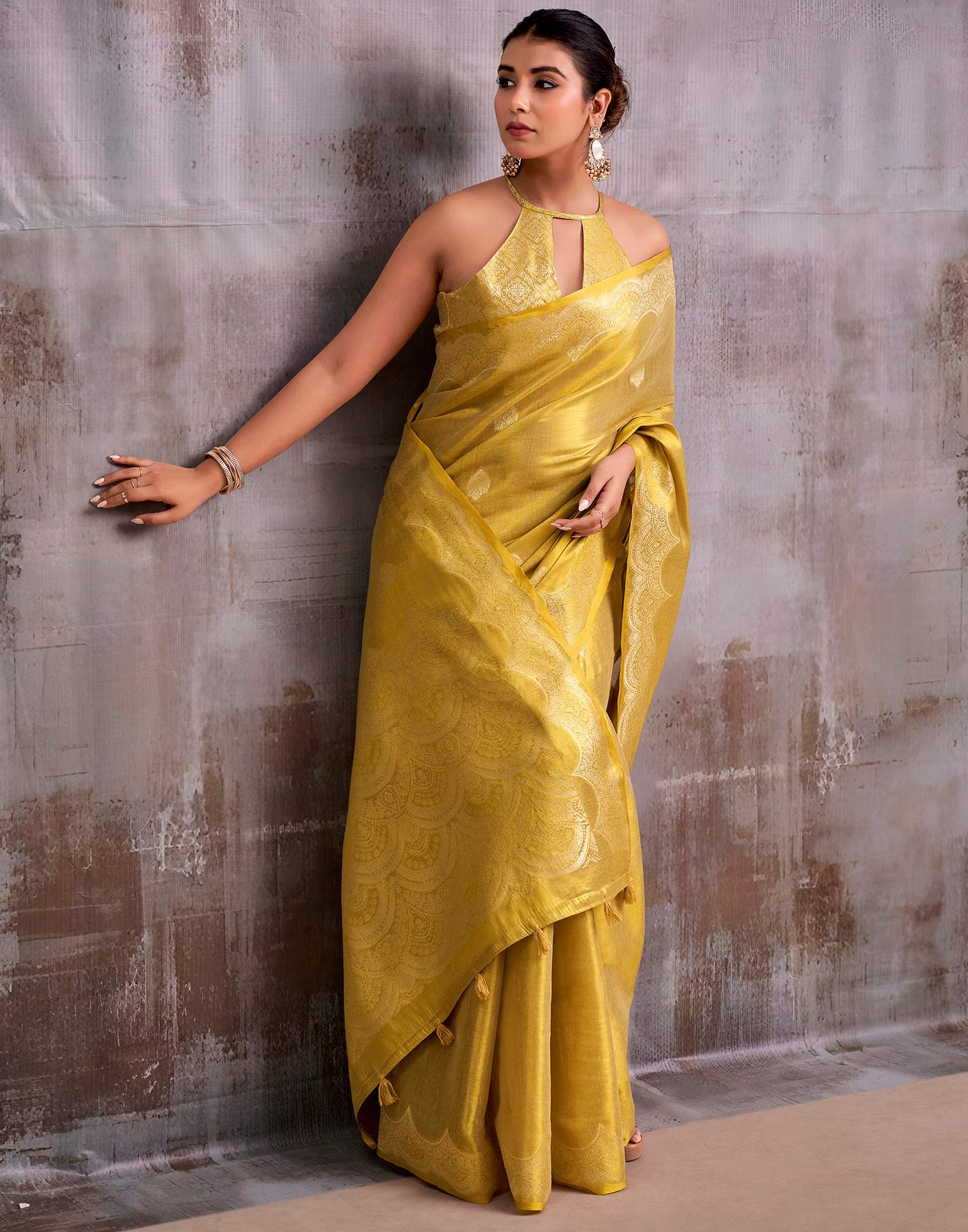 Mustard Yellow Tissue Silk Woven Banarasi Saree - Image 5