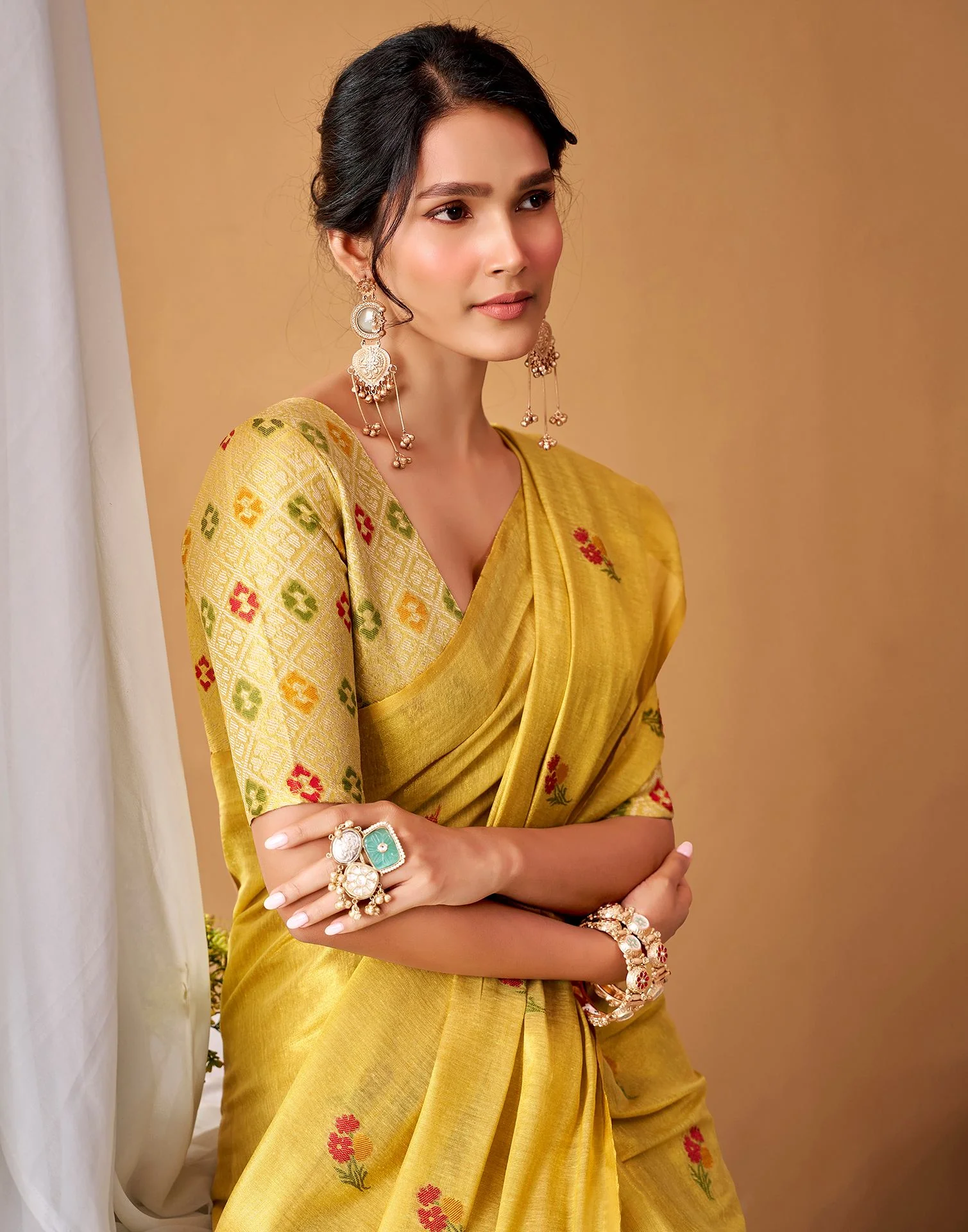 Mustard Yellow Tissue Silk Woven Floral Saree - Image 2