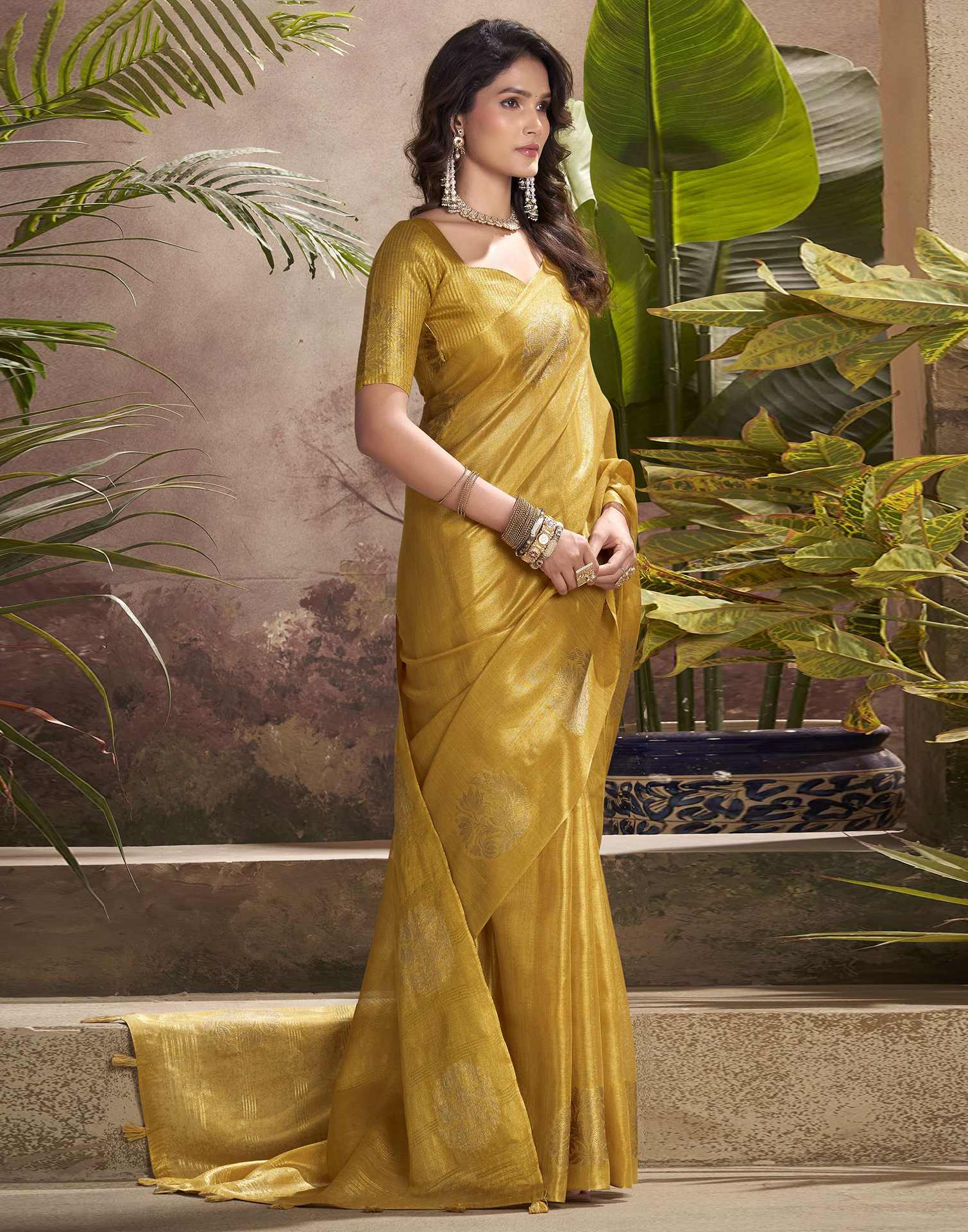 Mustard Yellow Tissue Silk Woven Saree - Image 4