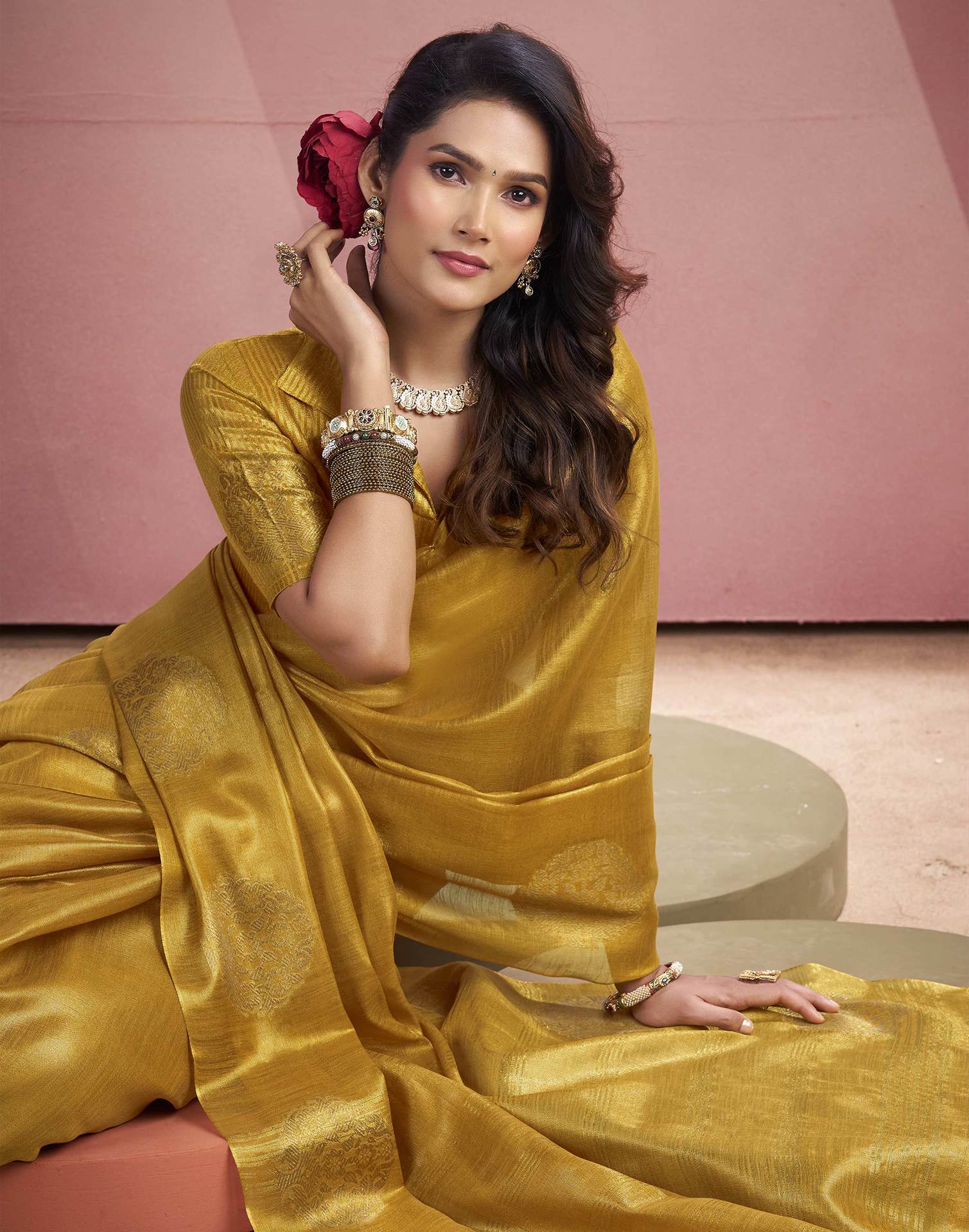 Mustard Yellow Tissue Silk Woven Saree - Image 2