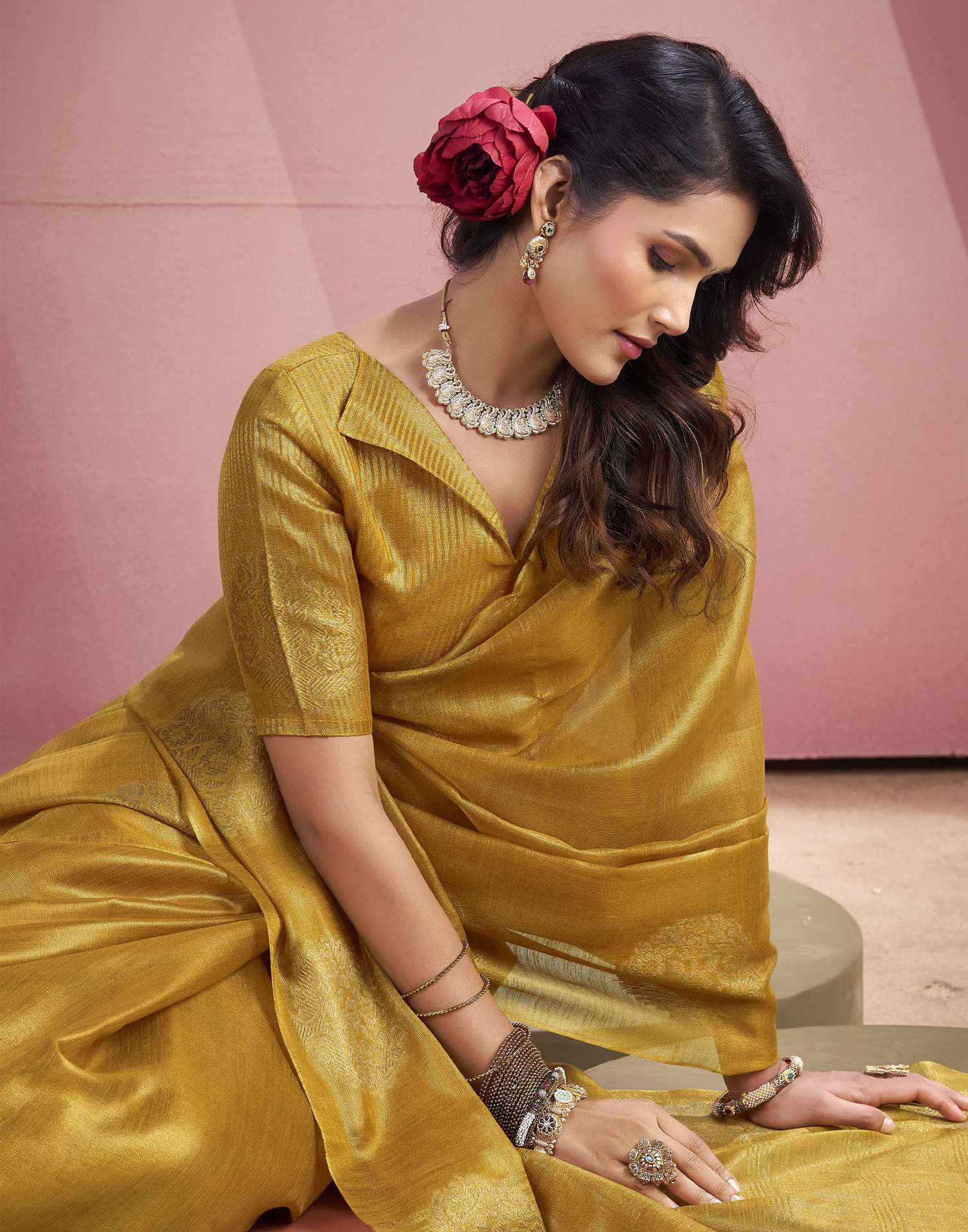 Mustard Yellow Tissue Silk Woven Saree - Image 4