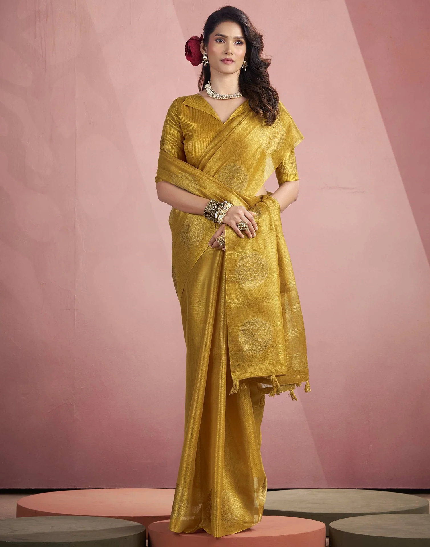 Mustard Yellow Tissue Silk Woven Saree - Image 5