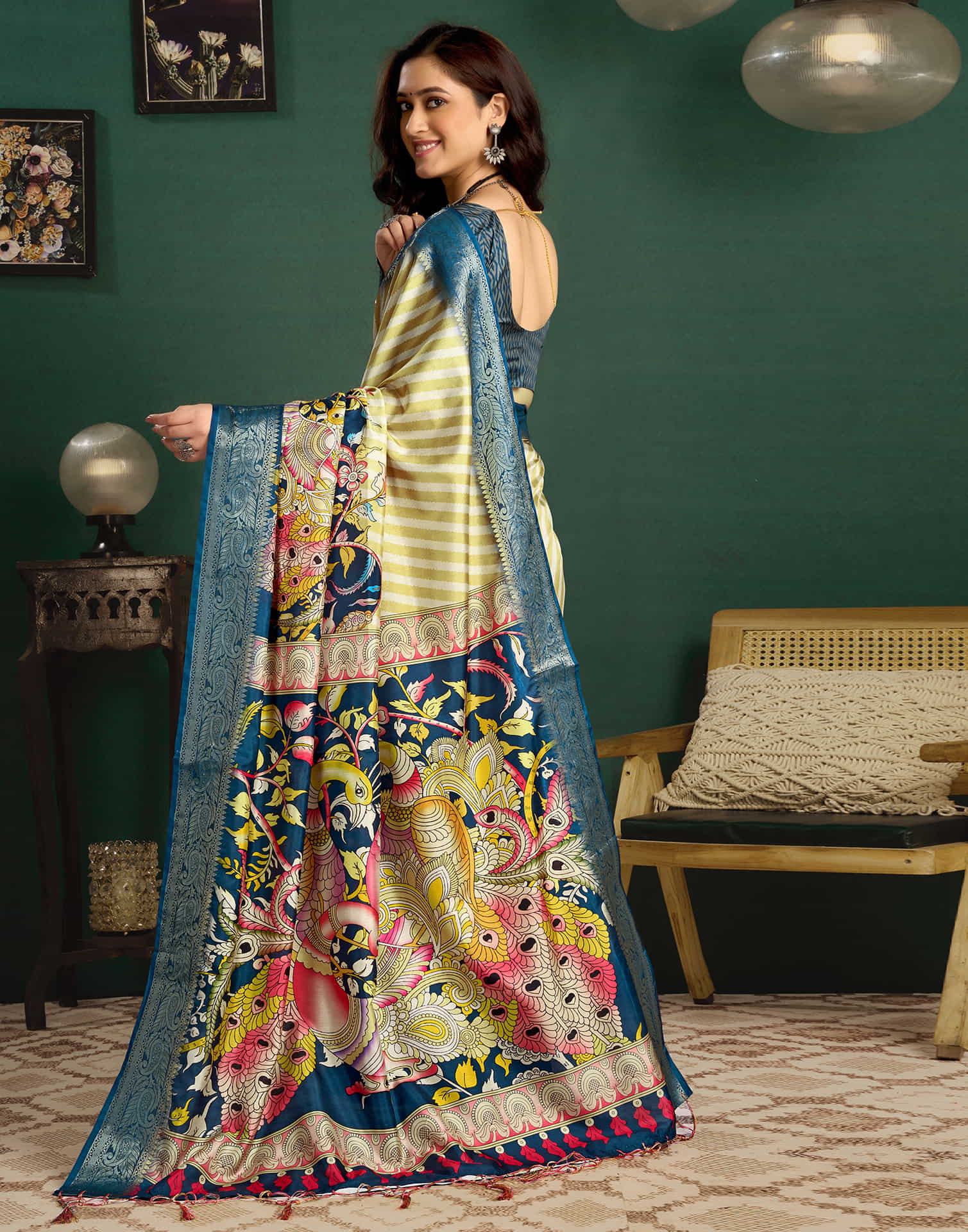 Mustard Green Tussar Silk Printed Kalamkari Saree - Image 4