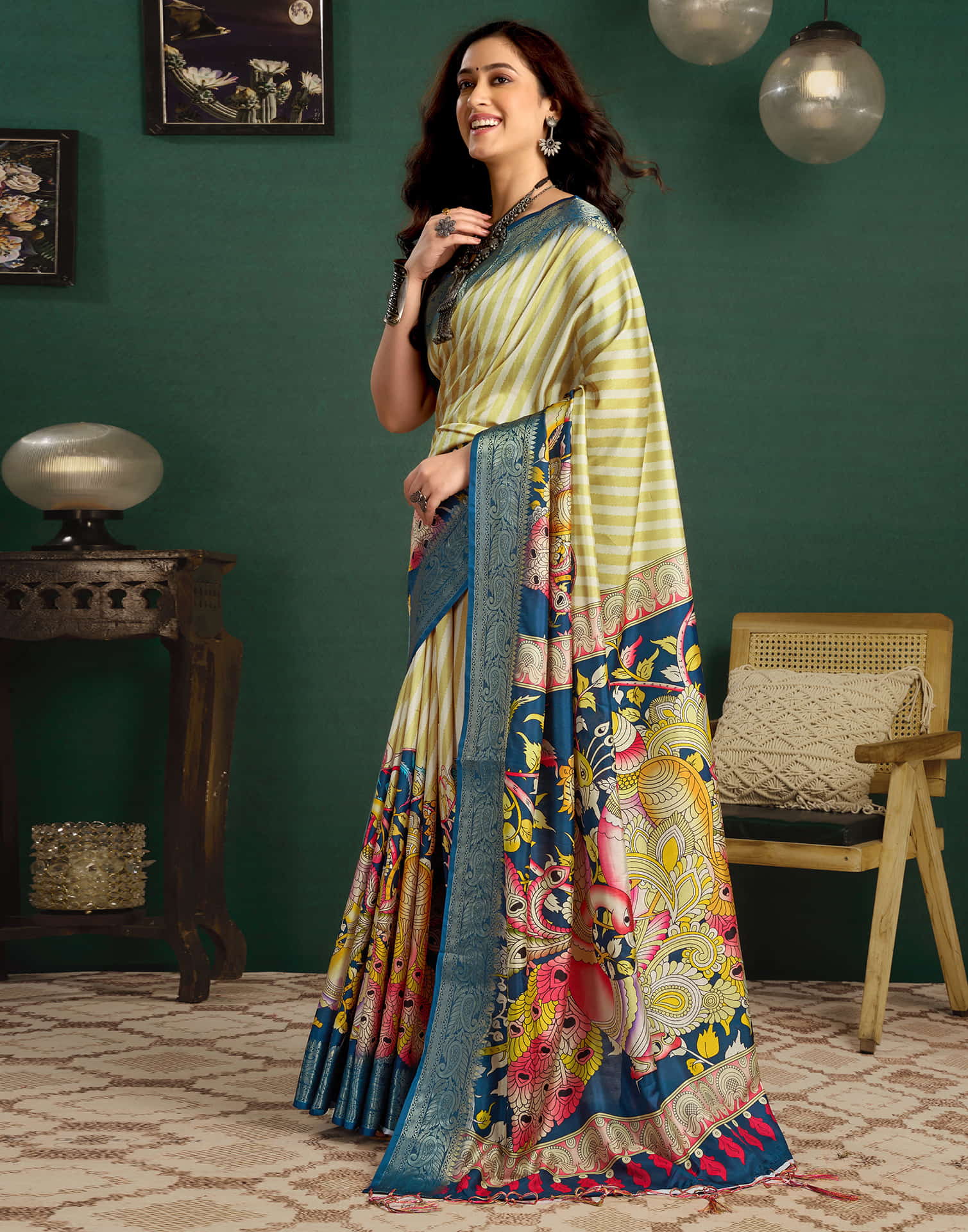 Mustard Green Tussar Silk Printed Kalamkari Saree - Image 7