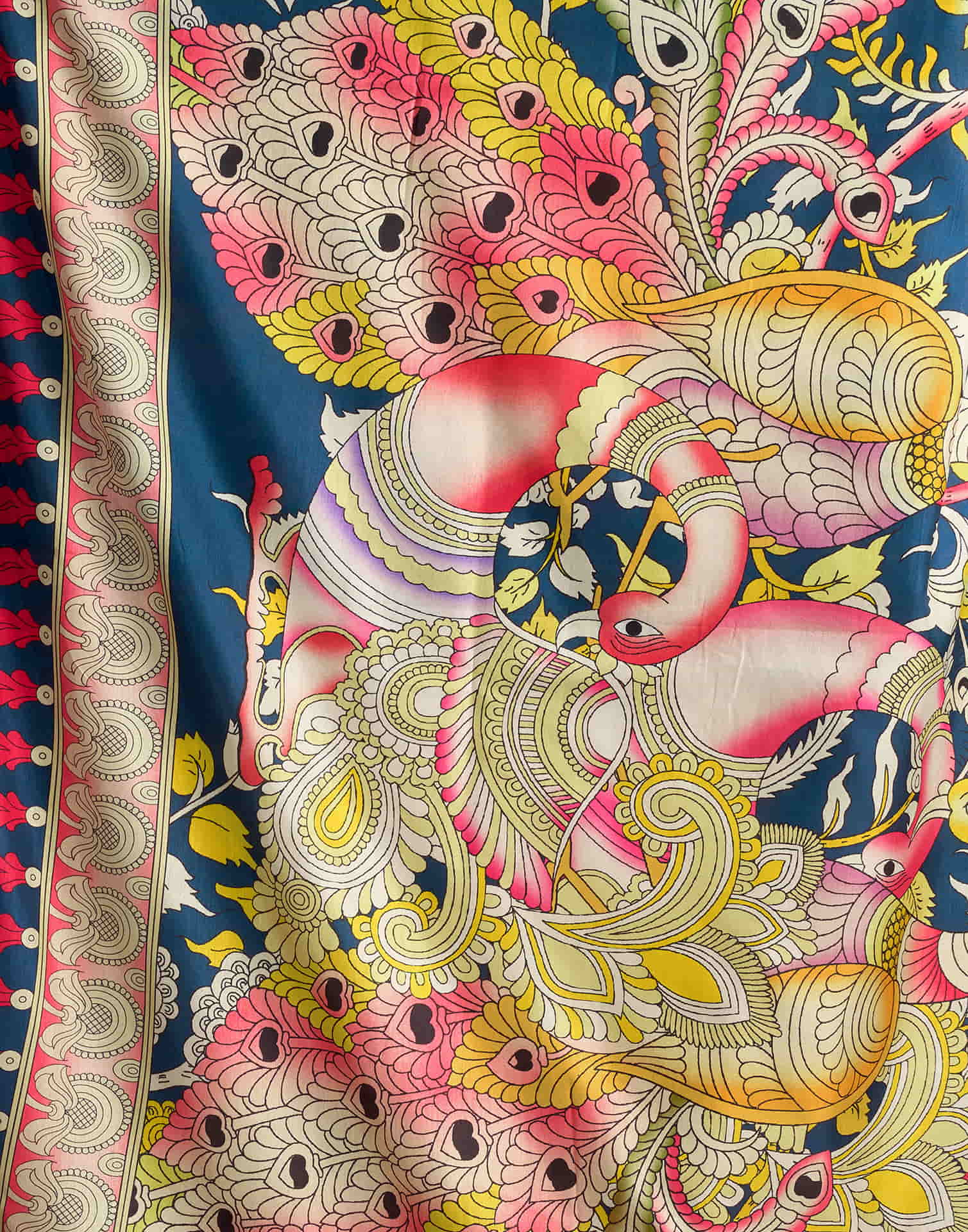 Mustard Green Tussar Silk Printed Kalamkari Saree - Image 8