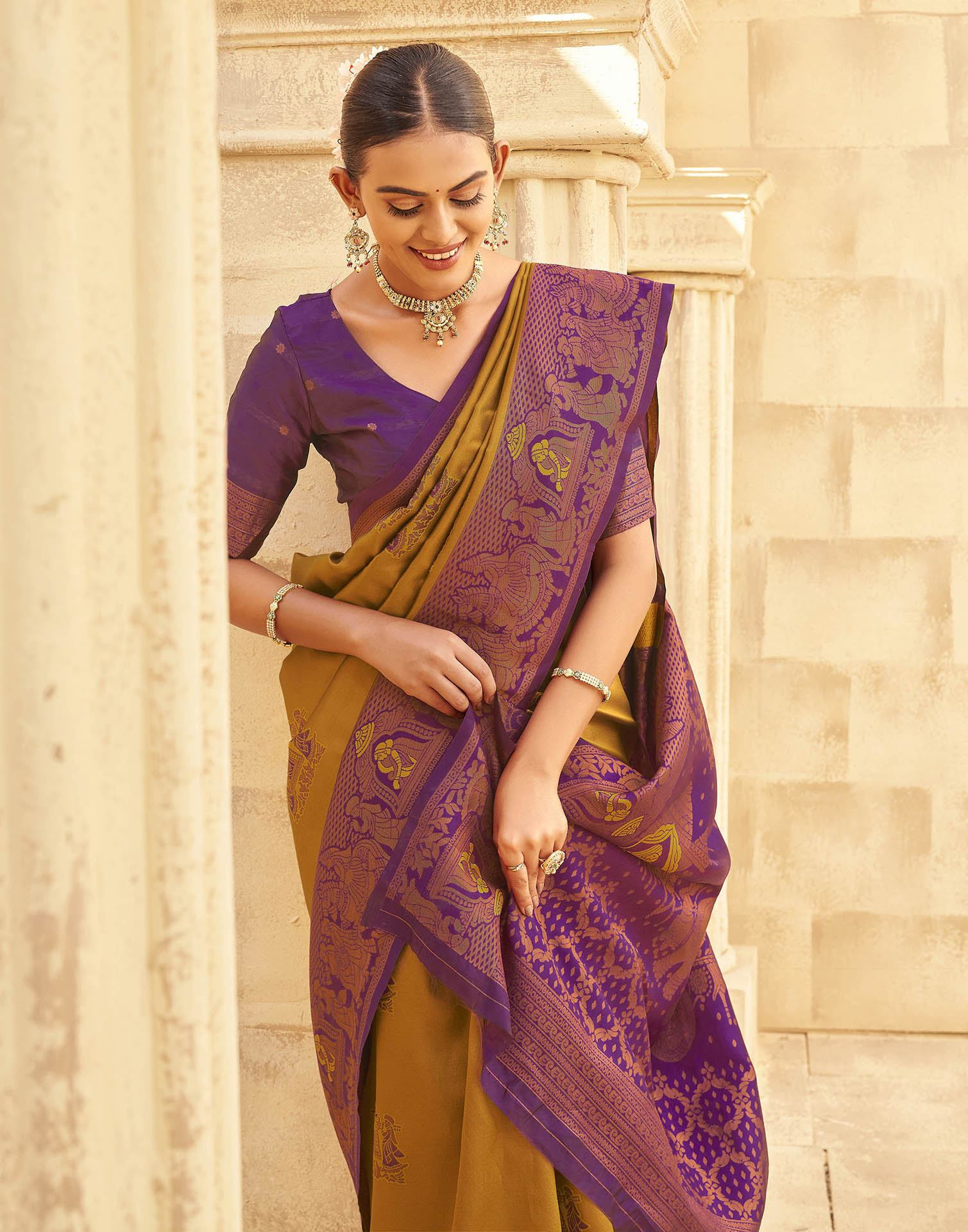 Musterd Yellow Silk Woven Kanjivaram Saree - Image 2