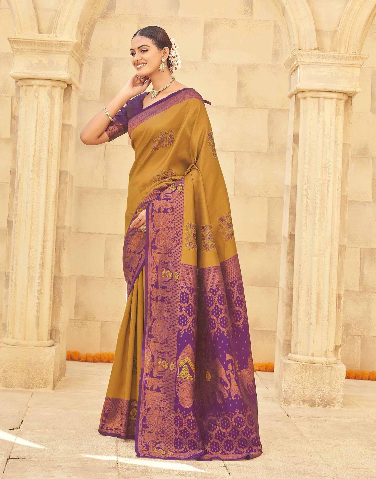 Musterd Yellow Silk Woven Kanjivaram Saree - Image 4