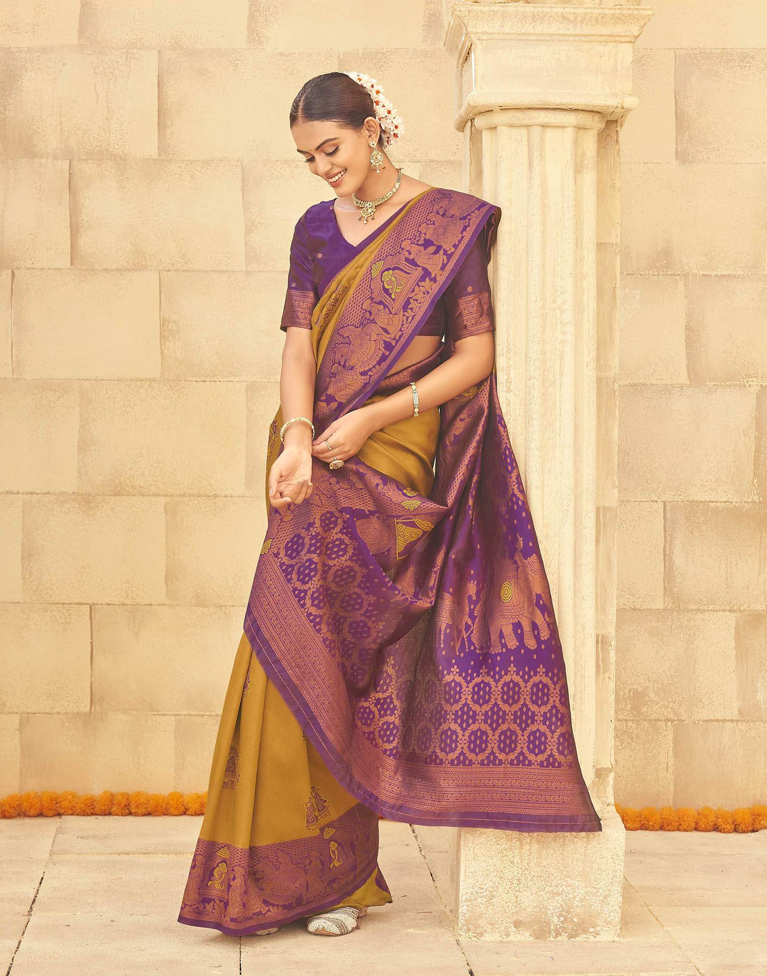 Musterd Yellow Silk Woven Kanjivaram Saree - Image 5