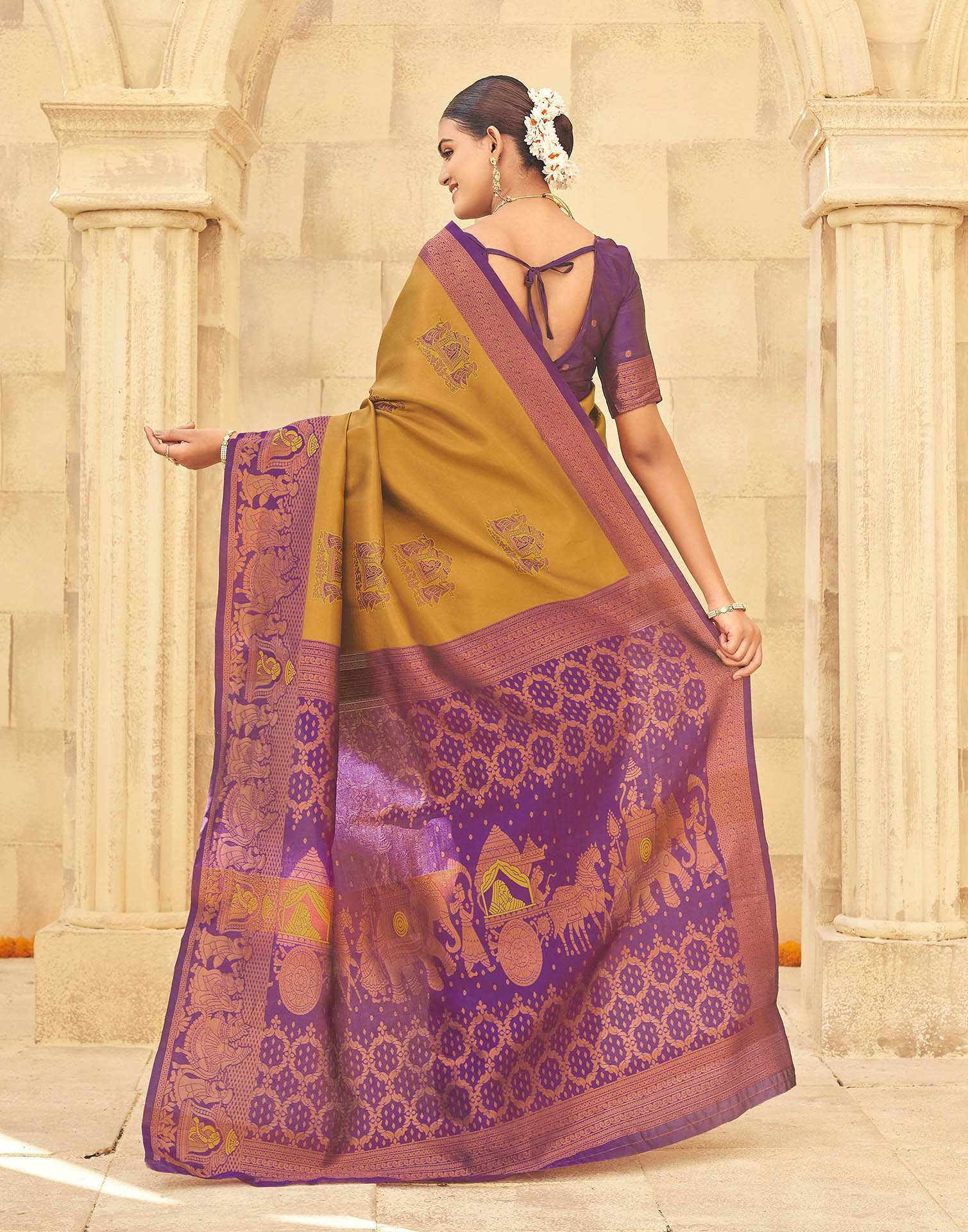 Musterd Yellow Silk Woven Kanjivaram Saree - Image 6