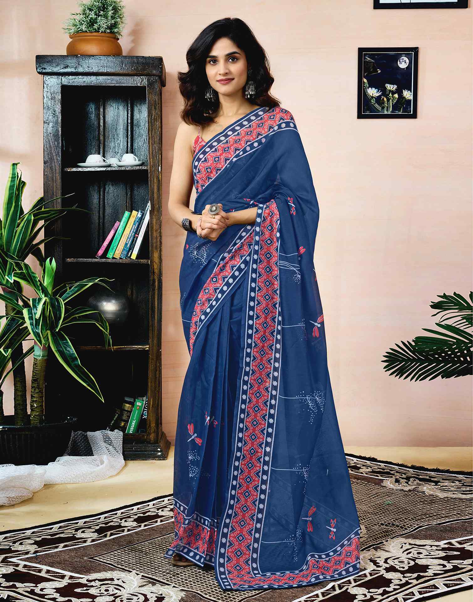 Ready To Wear Navy Blue Chanderi Printed Saree - Image 4