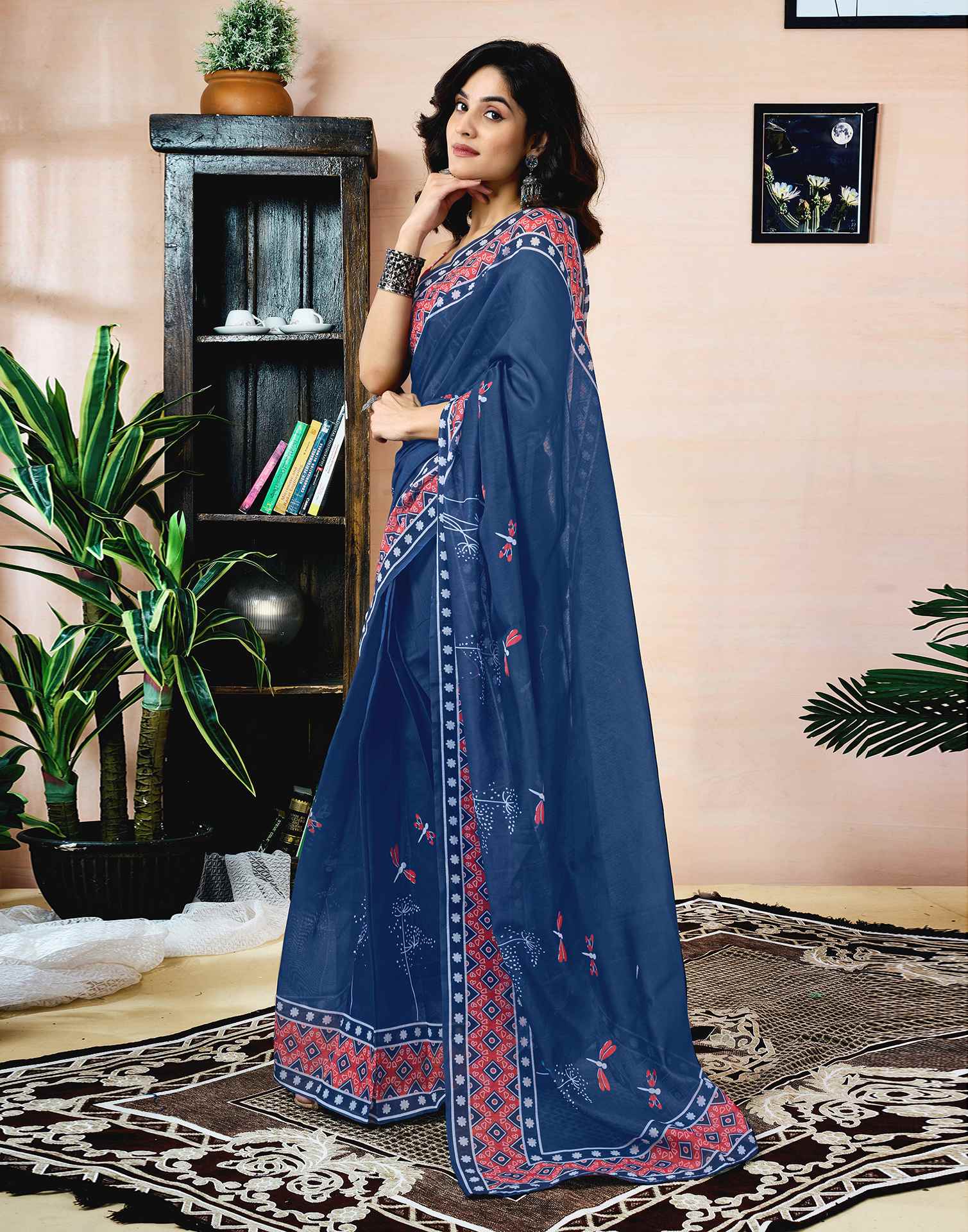 Ready To Wear Navy Blue Chanderi Printed Saree - Image 6