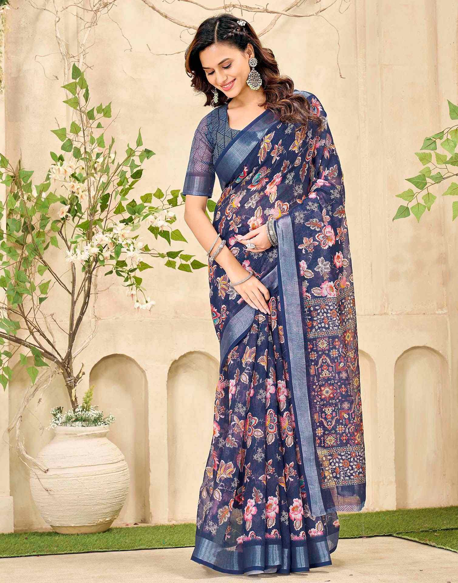 Navy Blue Cotton Floral Printed Saree - Image 2