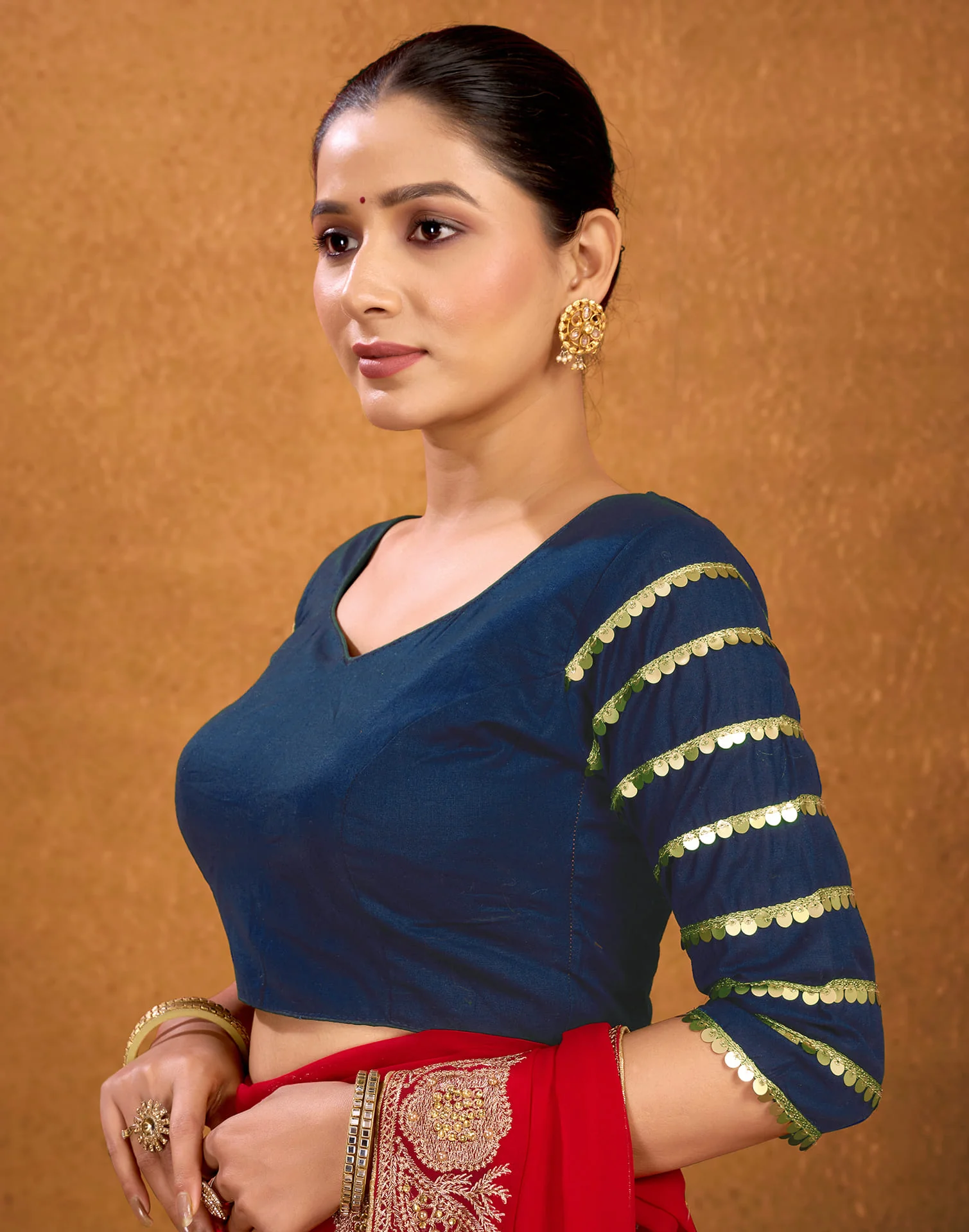 Navy Blue Cotton Plain Sequence Blouse - Image 4