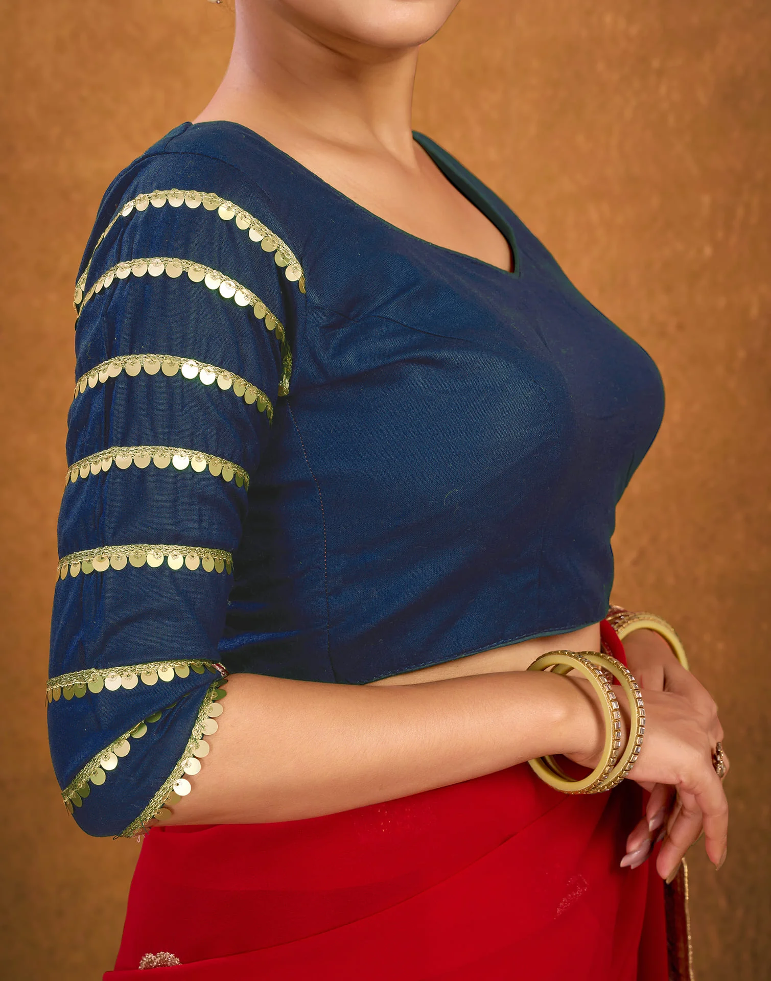 Navy Blue Cotton Plain Sequence Blouse - Image 7