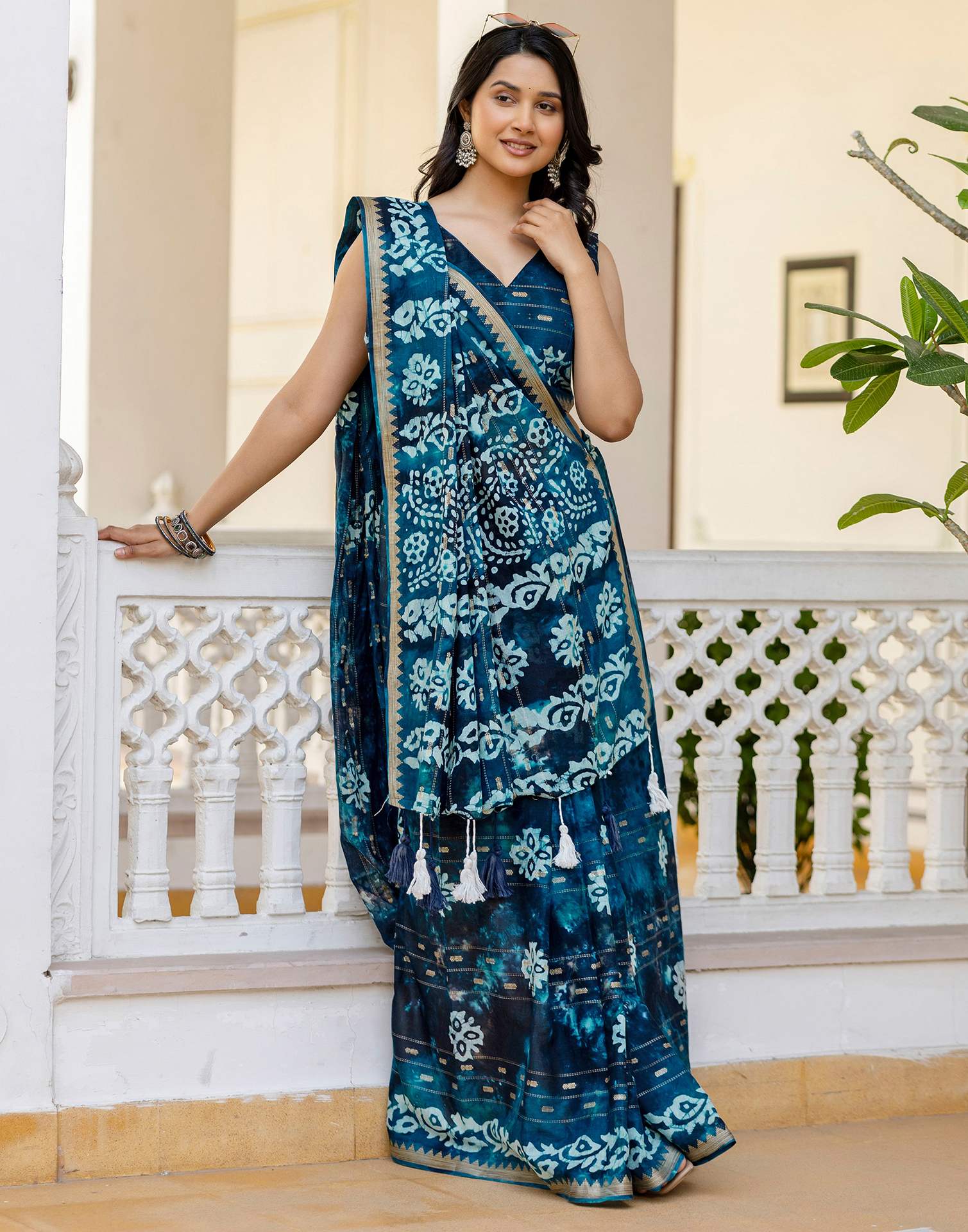 Navy Blue Cotton Printed Zari Stripe Saree - Image 10