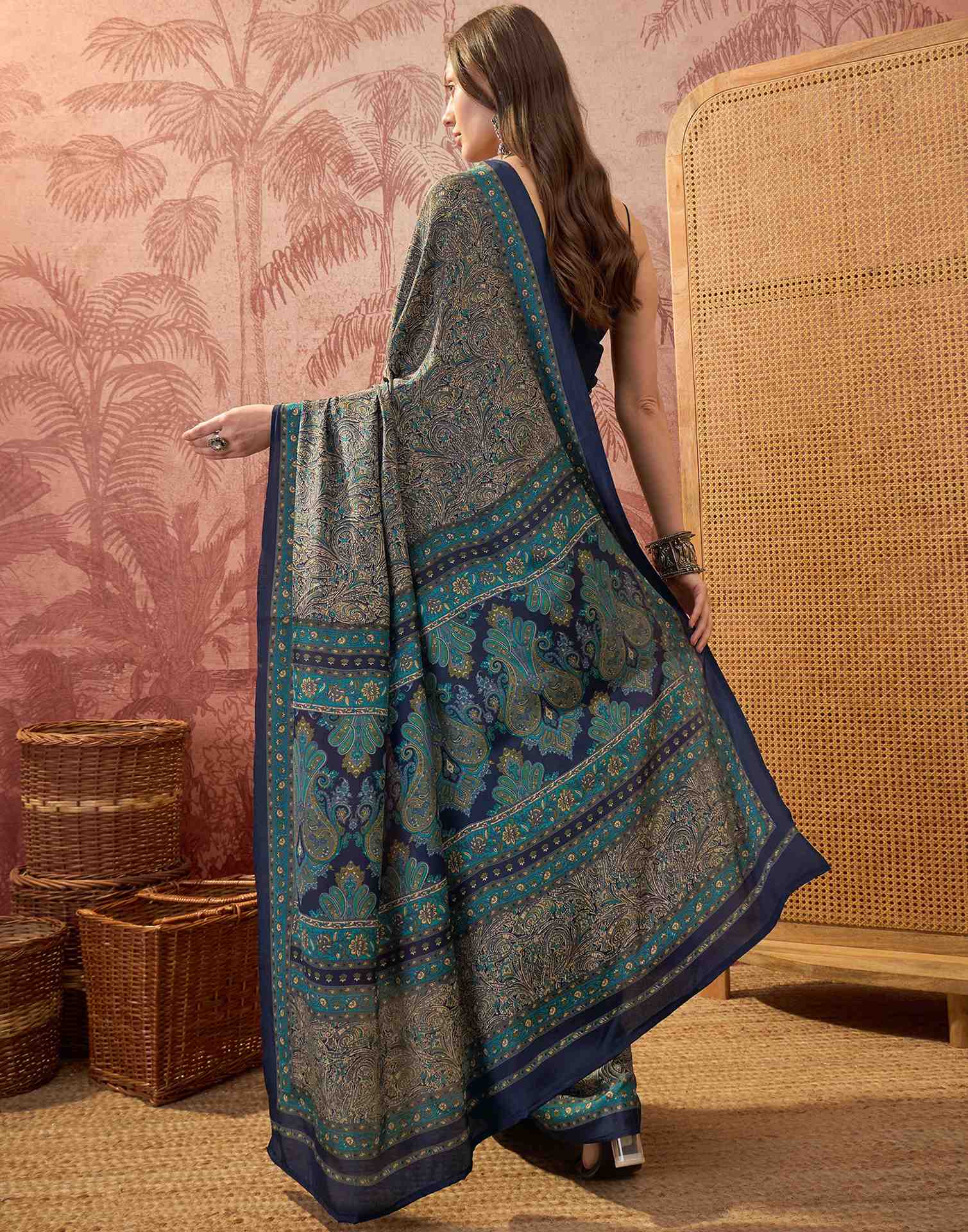 Navy Blue Crepe Silk Printed Saree - Image 6