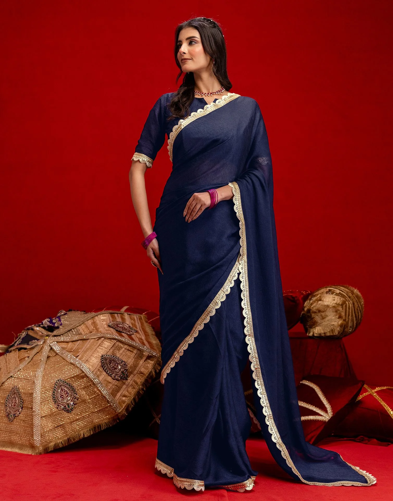 Navy Blue Crush Silk Lace Saree