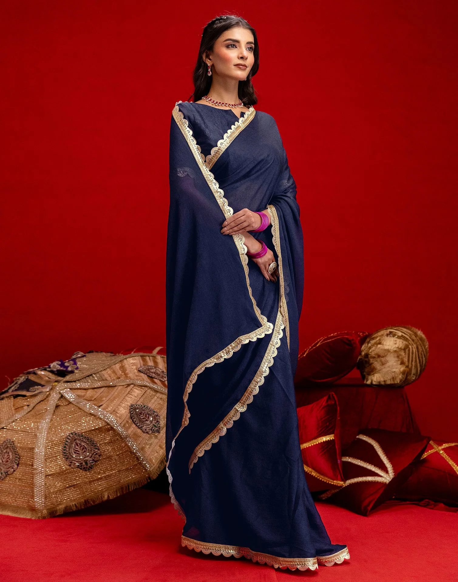 Navy Blue Crush Silk Lace Saree - Image 5