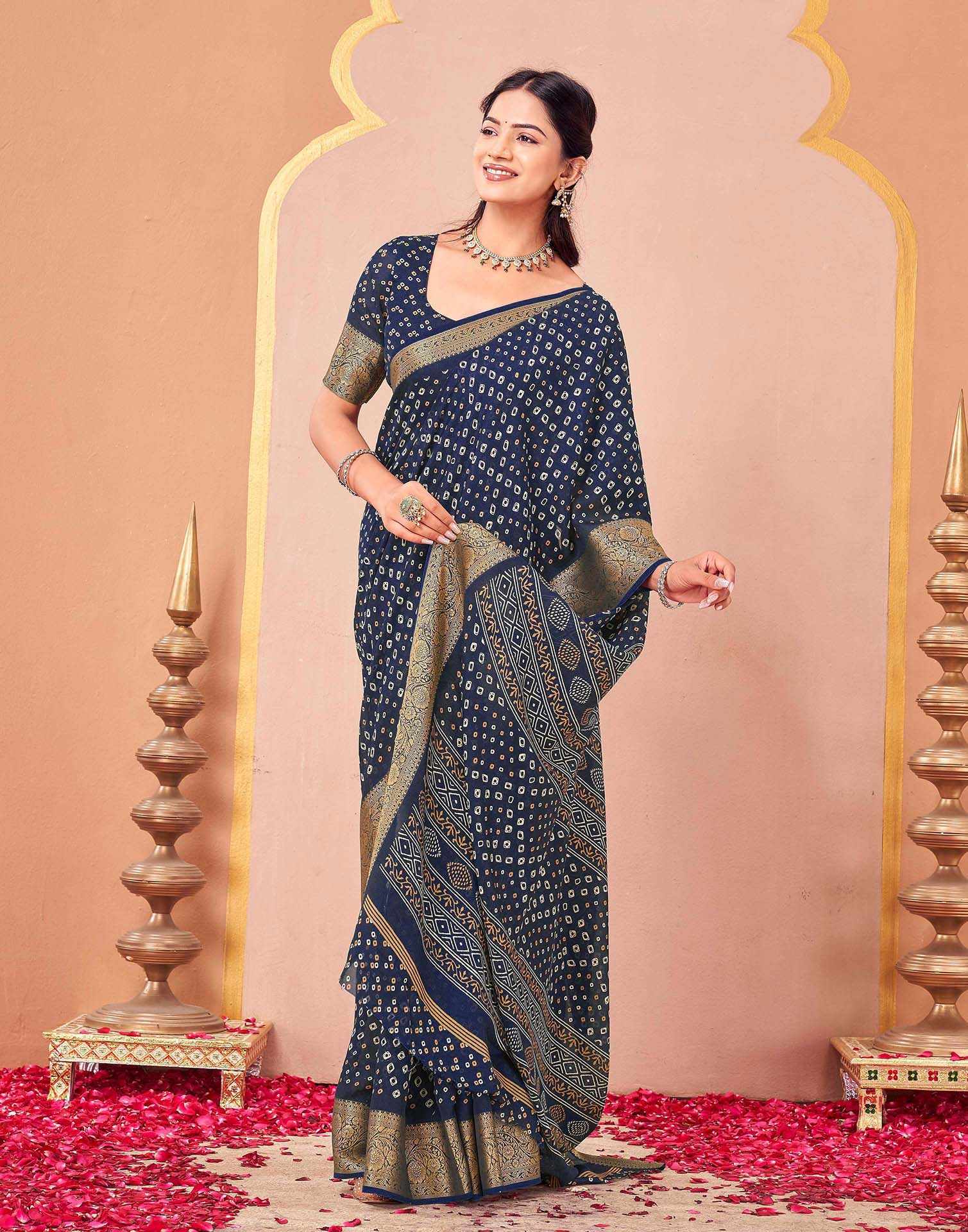 Navy Blue Georgette Bandhani Printed Saree - Image 5