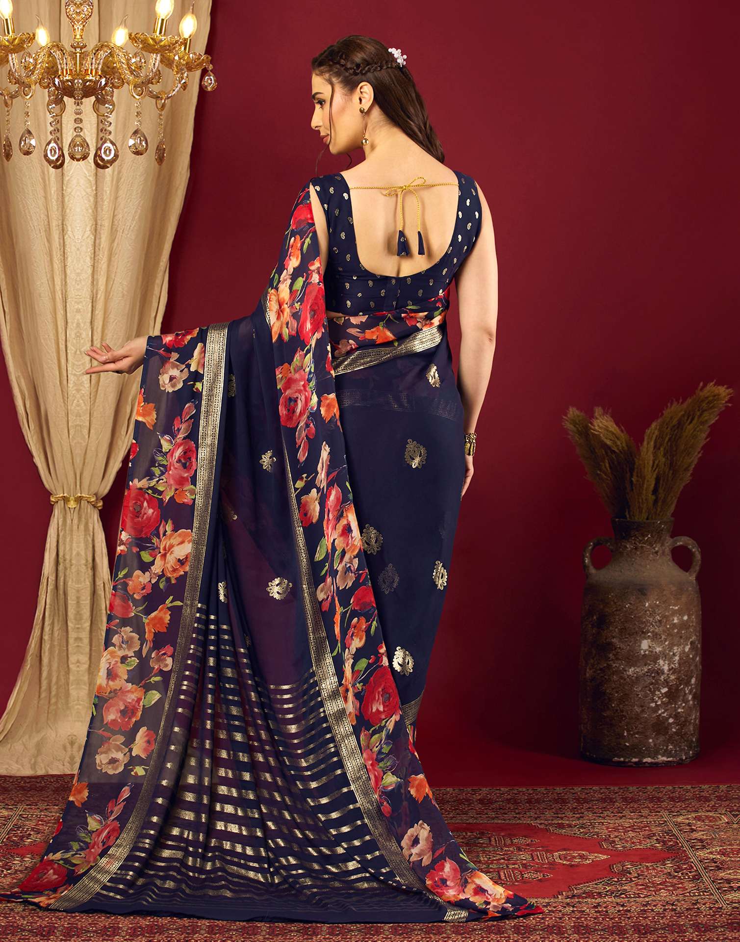 Navy Blue Georgette Floral Printed Saree - Image 4