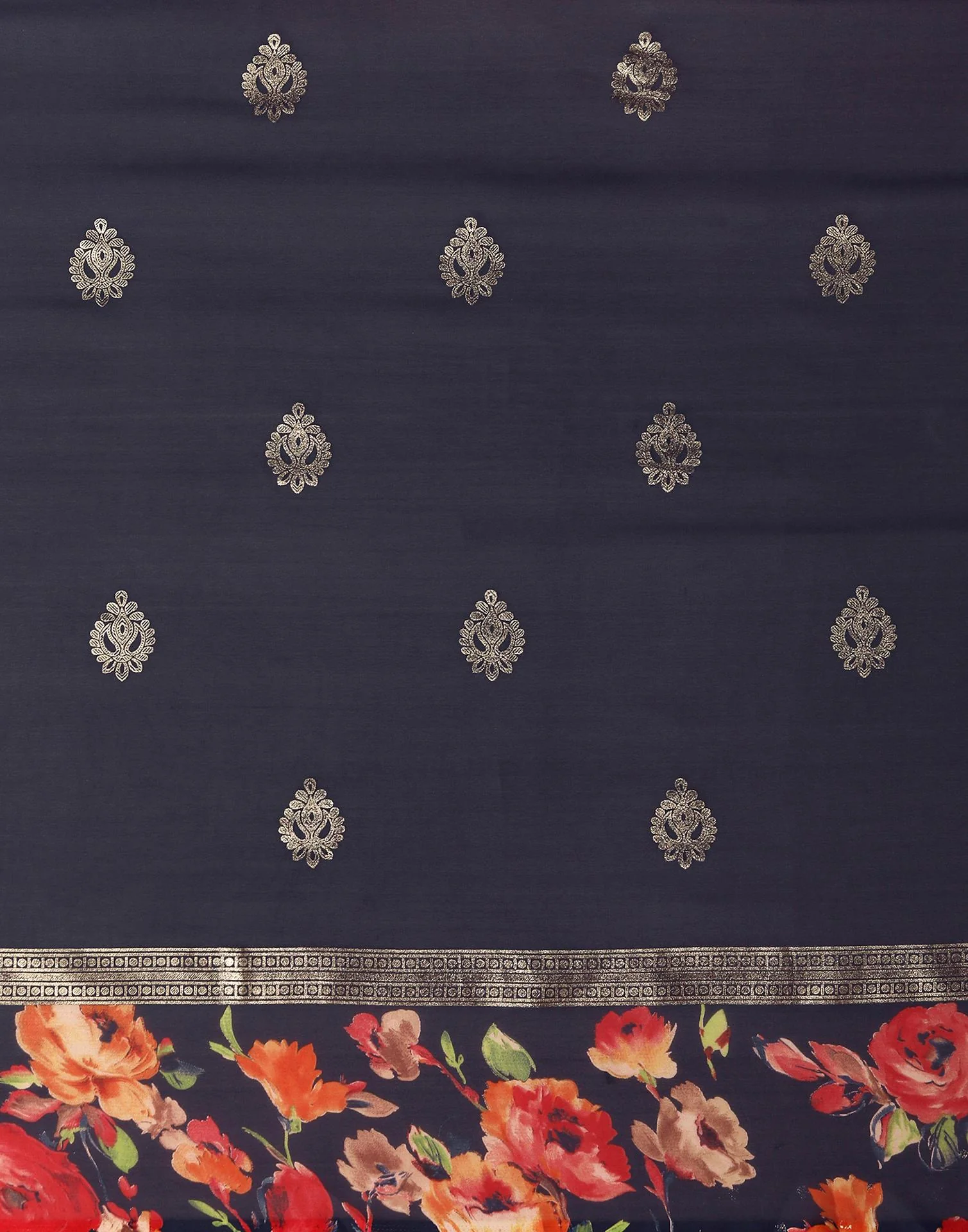 Navy Blue Georgette Floral Printed Saree - Image 7