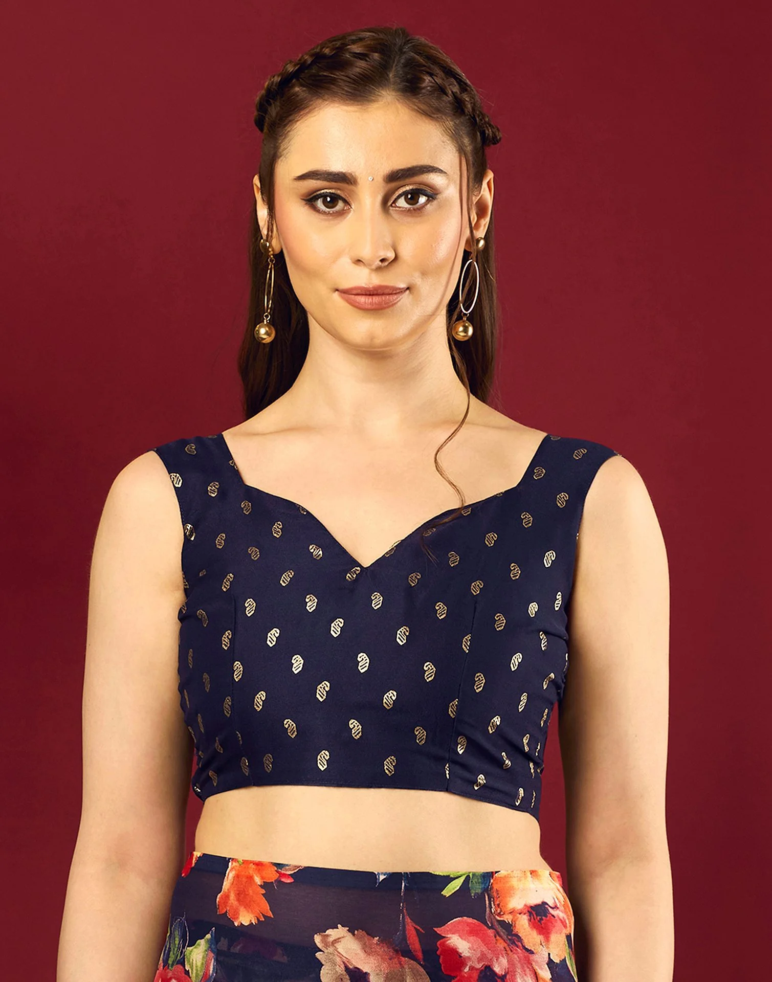 Navy Blue Georgette Floral Printed Saree - Image 8