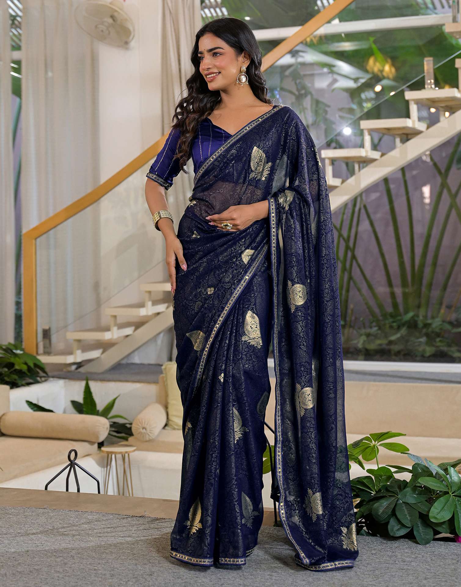Navy Blue Georgette Foil Printed Lace Saree - Image 4