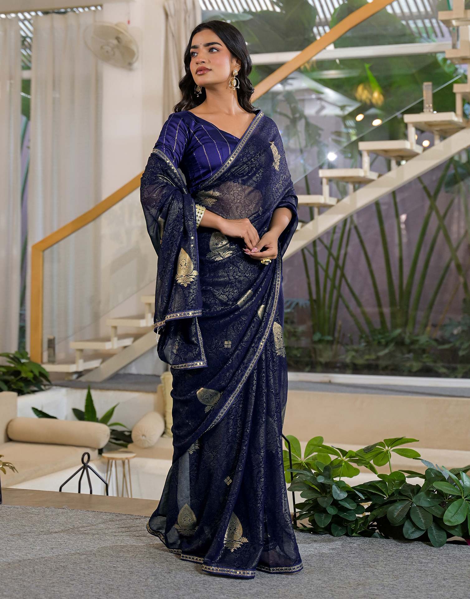 Navy Blue Georgette Foil Printed Lace Saree - Image 5