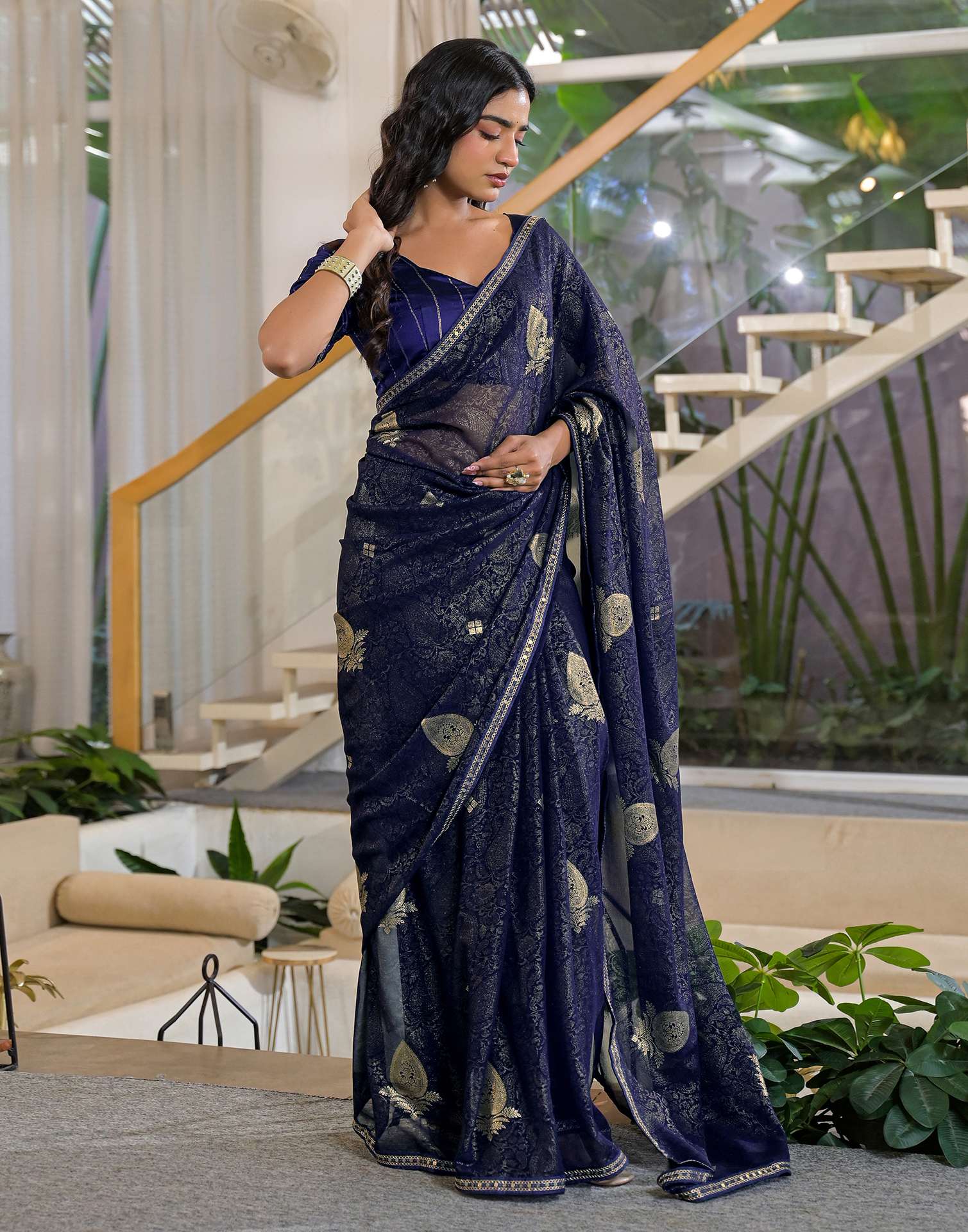 Navy Blue Georgette Foil Printed Lace Saree - Image 7