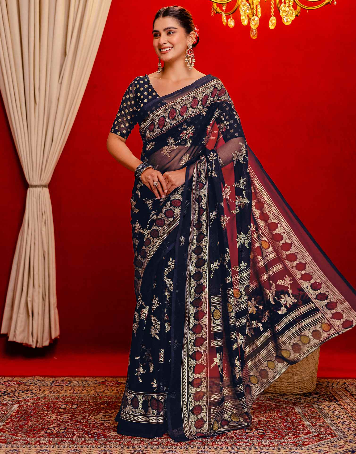 Navy Blue Georgette Foil Printed Saree - Image 5