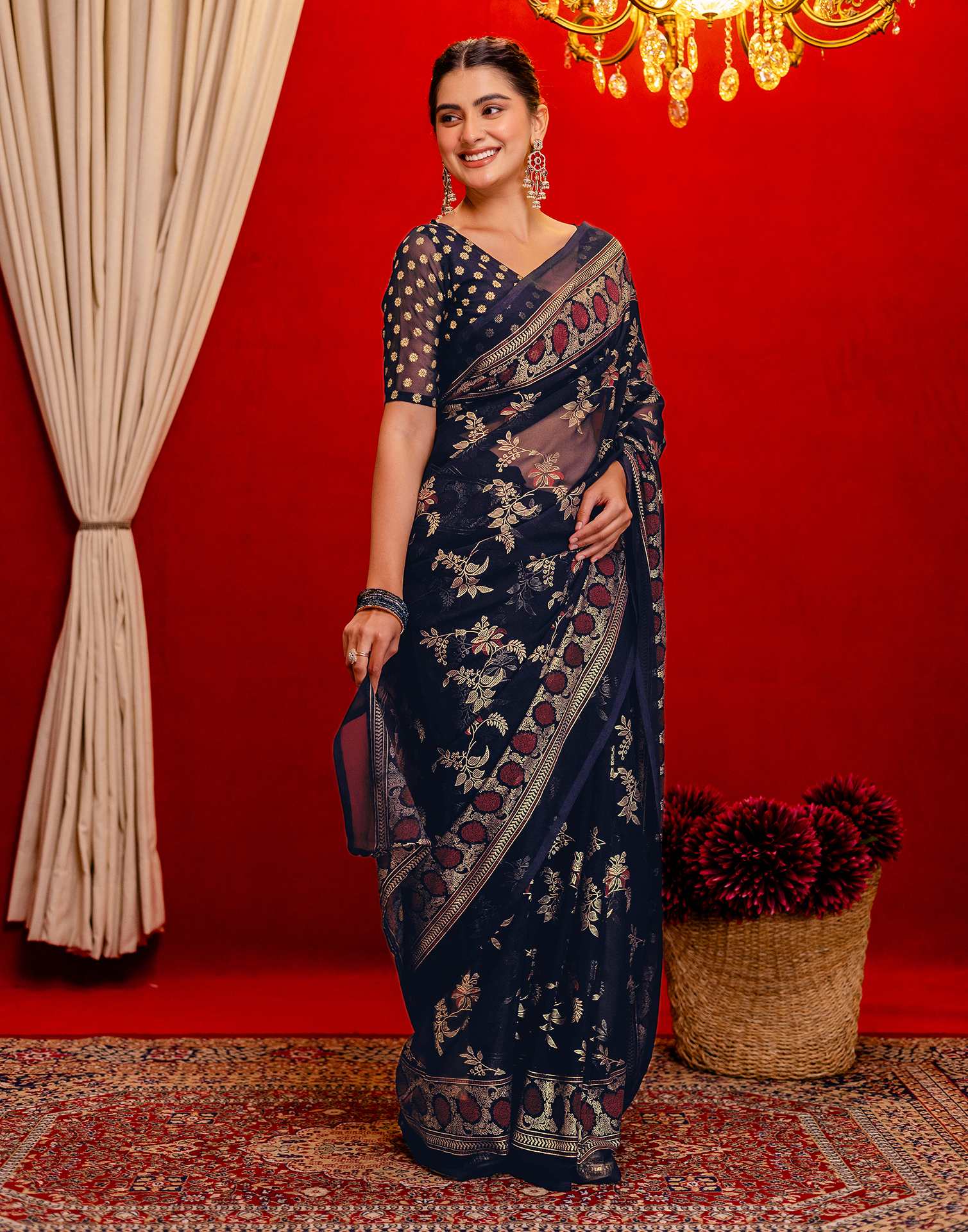 Navy Blue Georgette Foil Printed Saree - Image 6