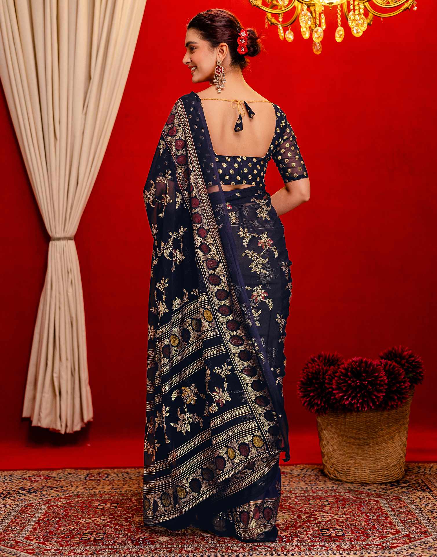 Navy Blue Georgette Foil Printed Saree - Image 7