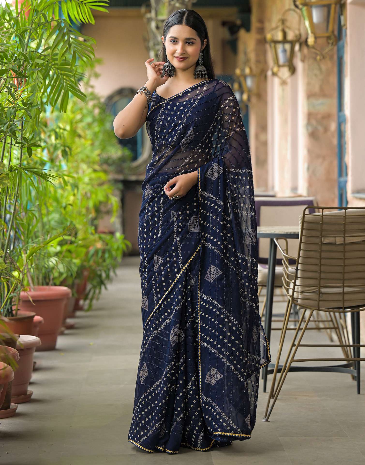 Navy Blue Georgette Printed Bandhani Saree - Image 4