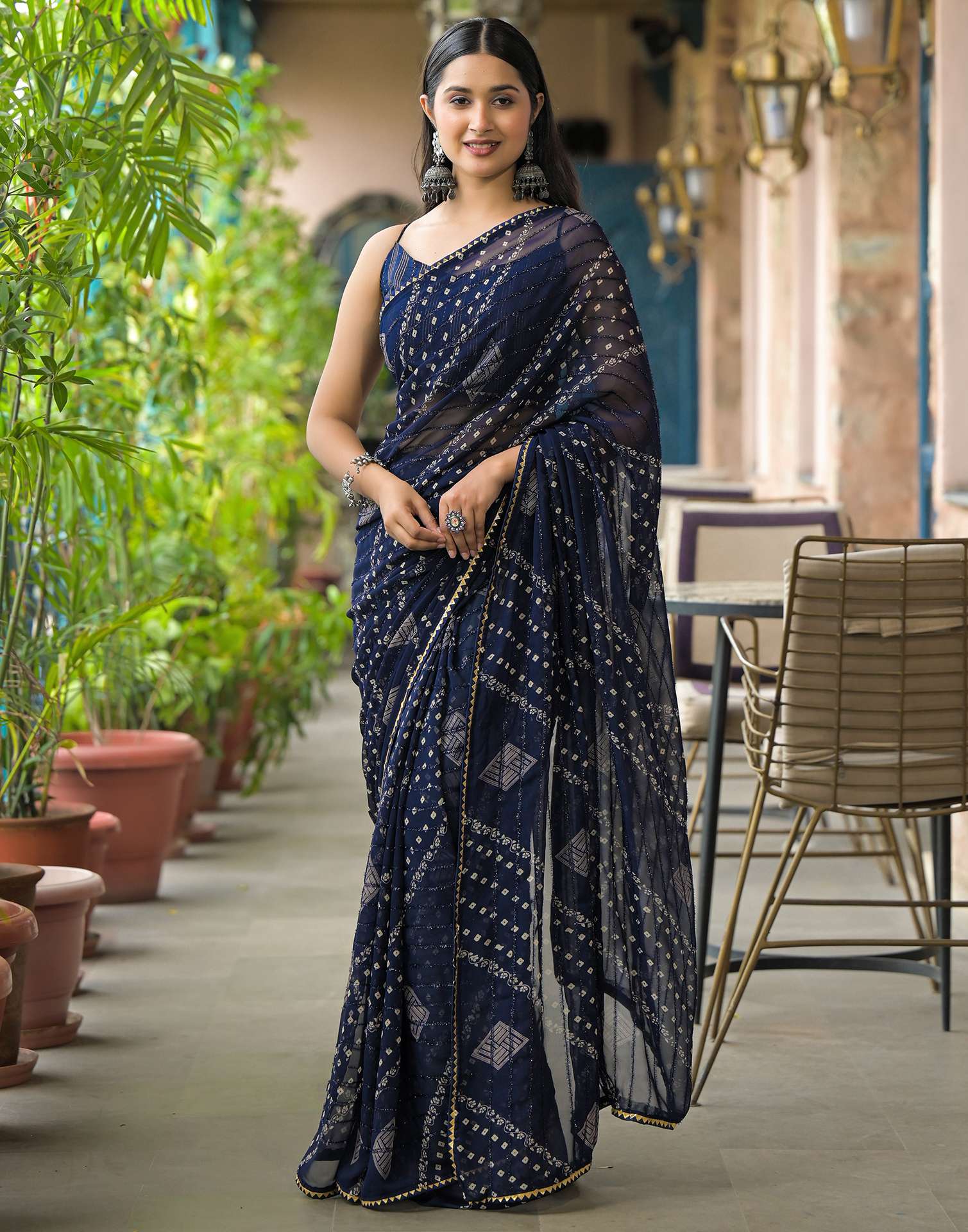 Navy Blue Georgette Printed Bandhani Saree - Image 6